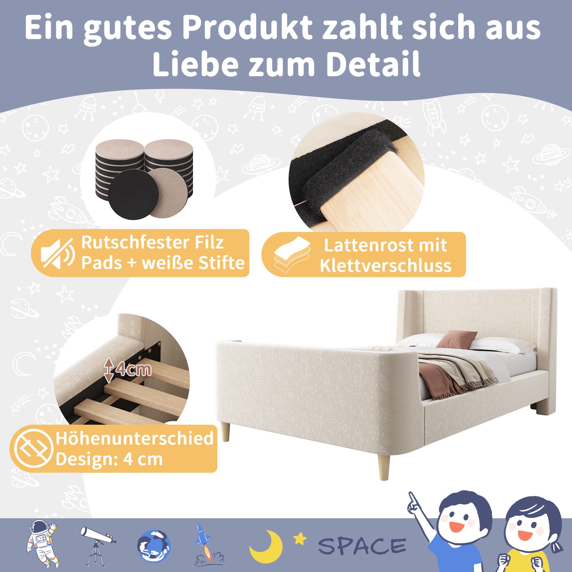 Flieks Polsterbett, Kinderbett Einzelbett 90x200cm mit kosmischem Muster Samt