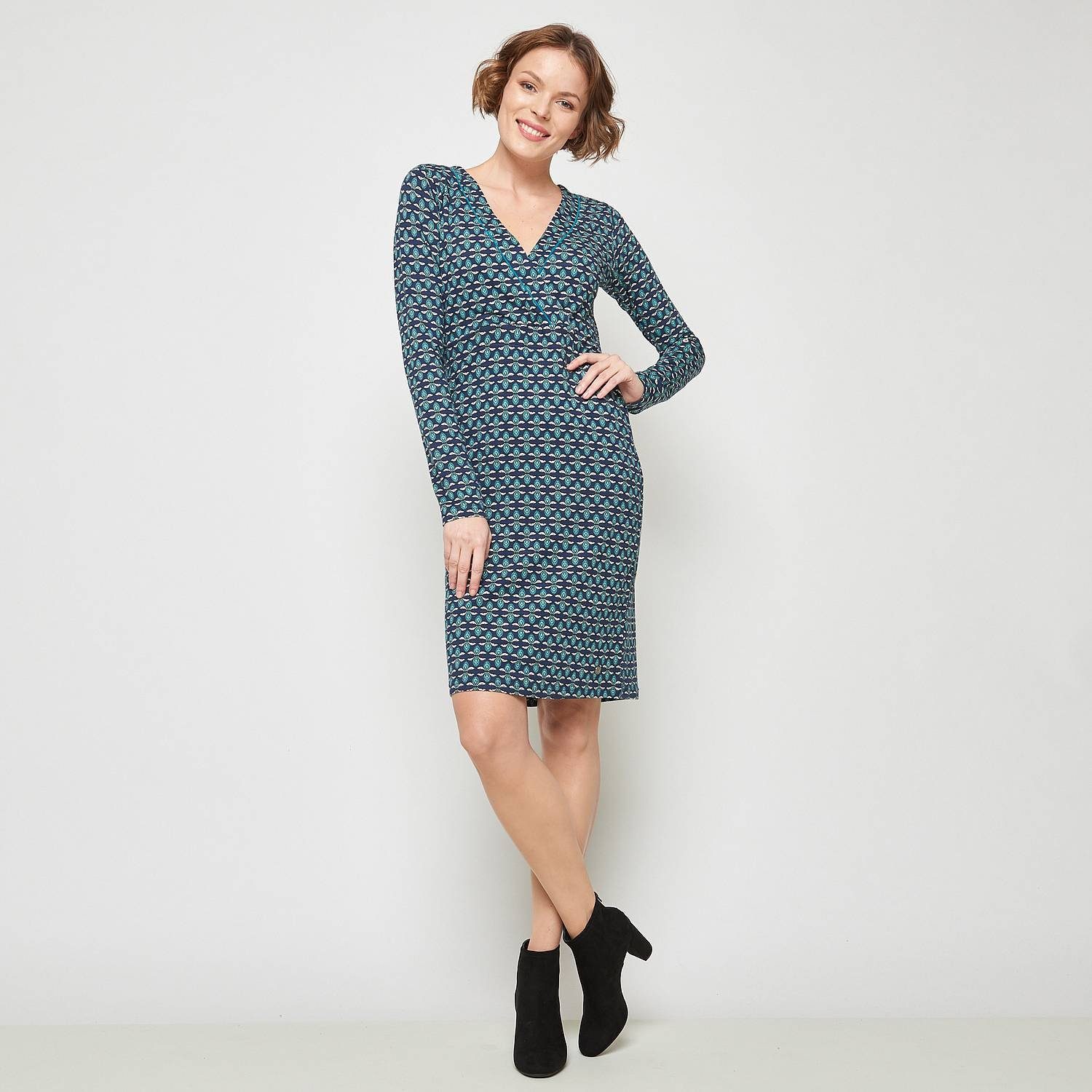 Tranquillo Minikleid Stiefelkleid Retro Print Blau Baumwolle V Ausschnitt XS 34 Vintage Print