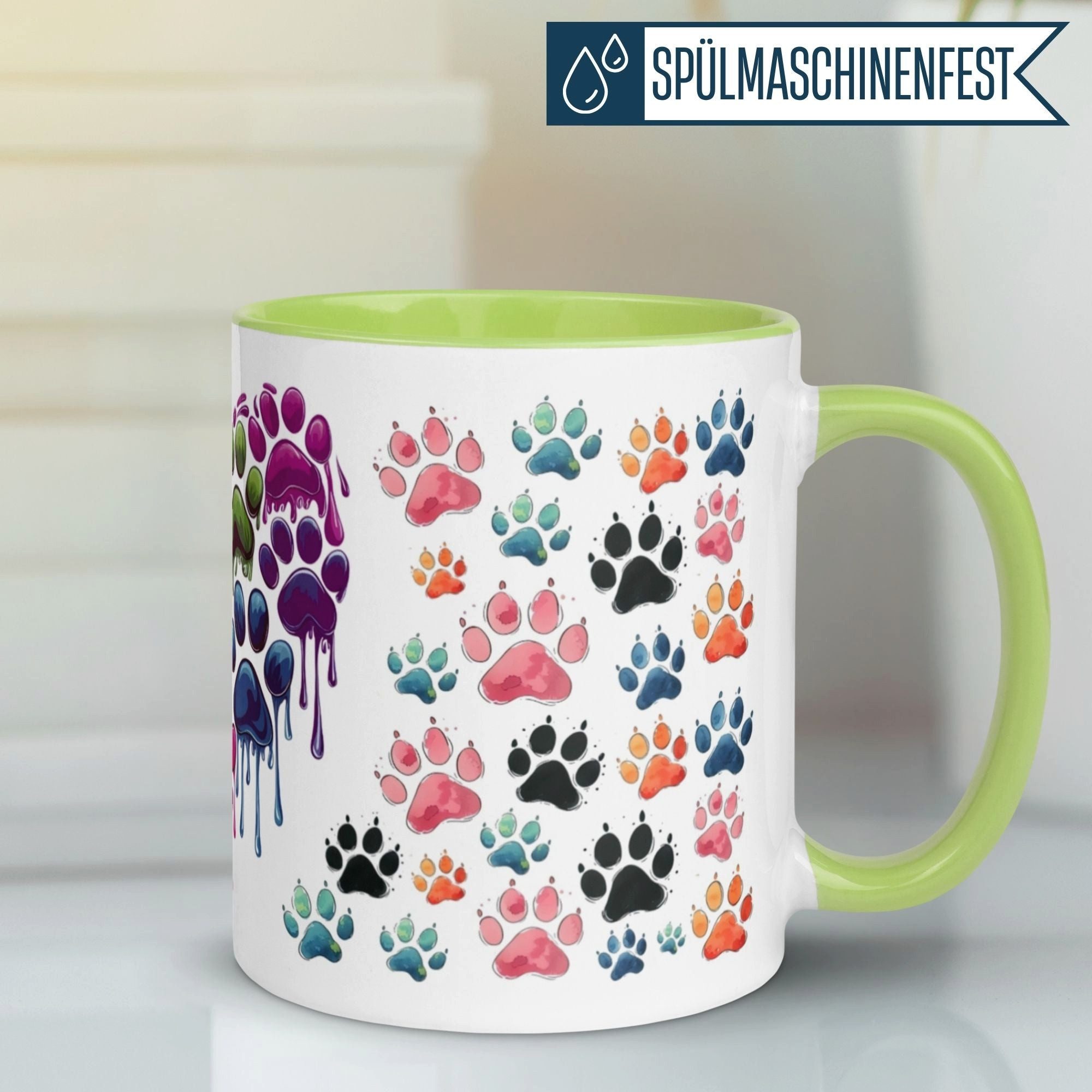 Momentals Tasse Katze – „Bunte Pfoten Abdrücke mit Herz“ – lustiges Katzen Geschenk, Gratis Versand · Links-&Rechtshänder · Spülmaschinenfest