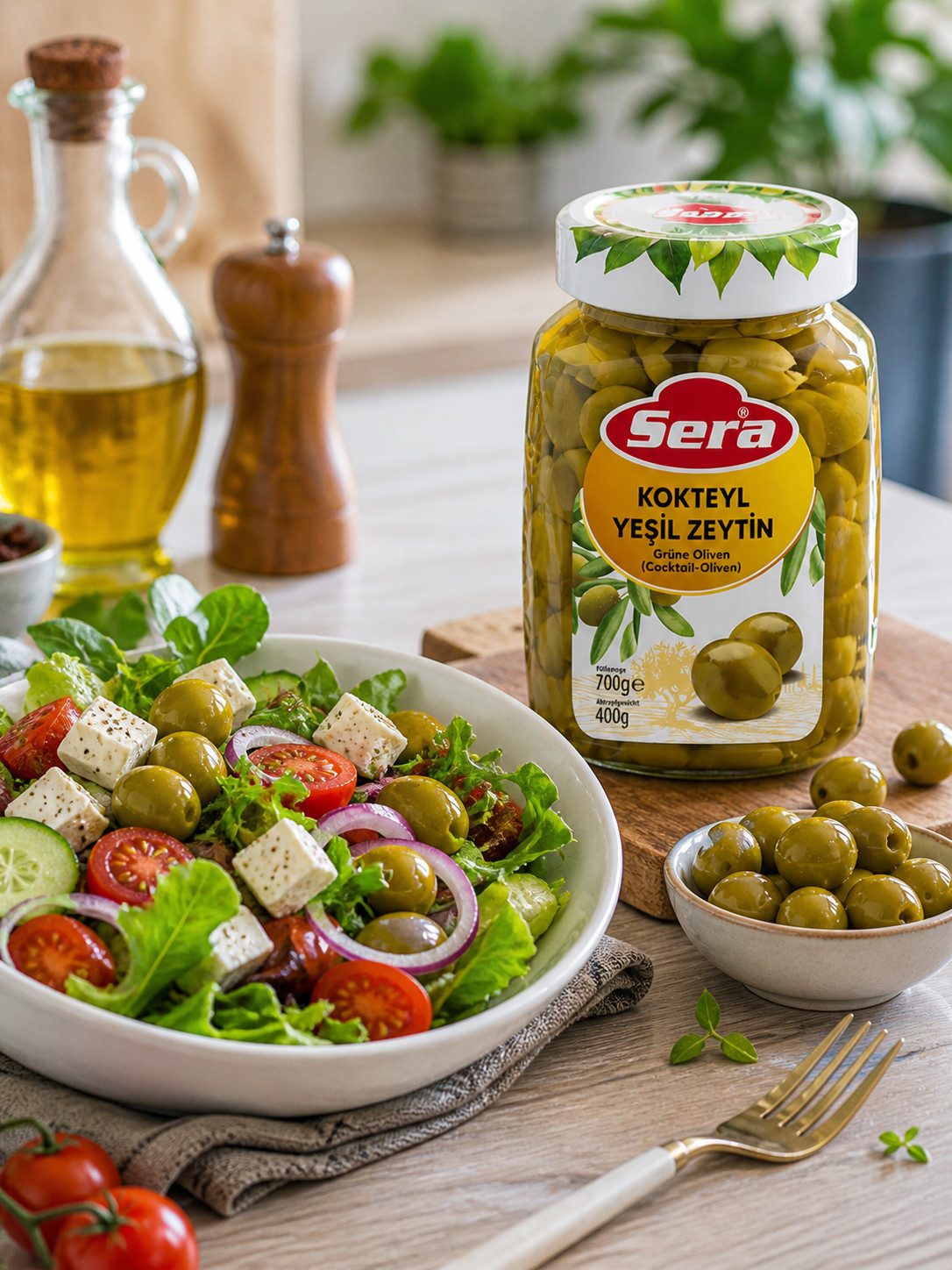 SERA FOOD Antipasti Sera Grüne Cocktail Oliven 400g Mild Knackig Snack & Antipasti, 1 x, Vegan, Ohne künstliche Zusatzstoffe, Knackige Konsistenz