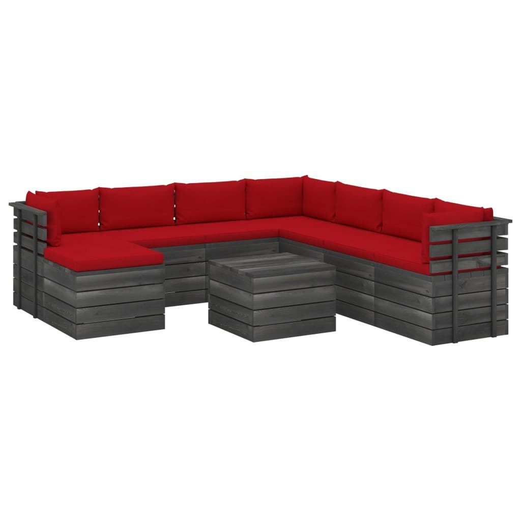 vidaXL Gartenlounge-Set 9-tlg. Garten-Sofagarnitur aus Paletten mit Kissen Kiefernholz, (9-tlg) Rot