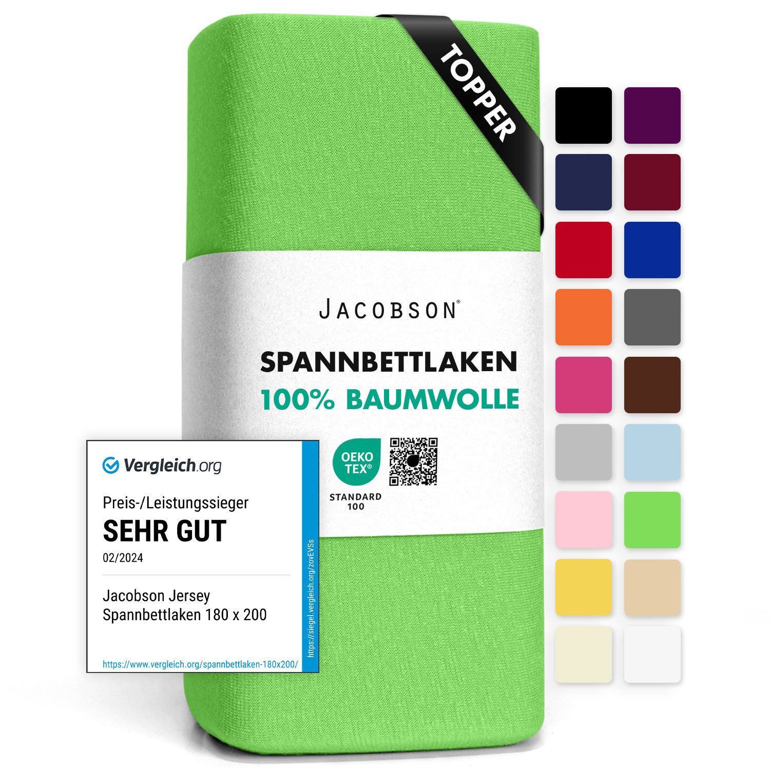 Jacobson Spannbettlaken TOPPER aus 100% Baumwolle, Jersey Bettlaken 160 g/m², Spannbetttuch mit Gummizug, pflegeleicht & viele Farben