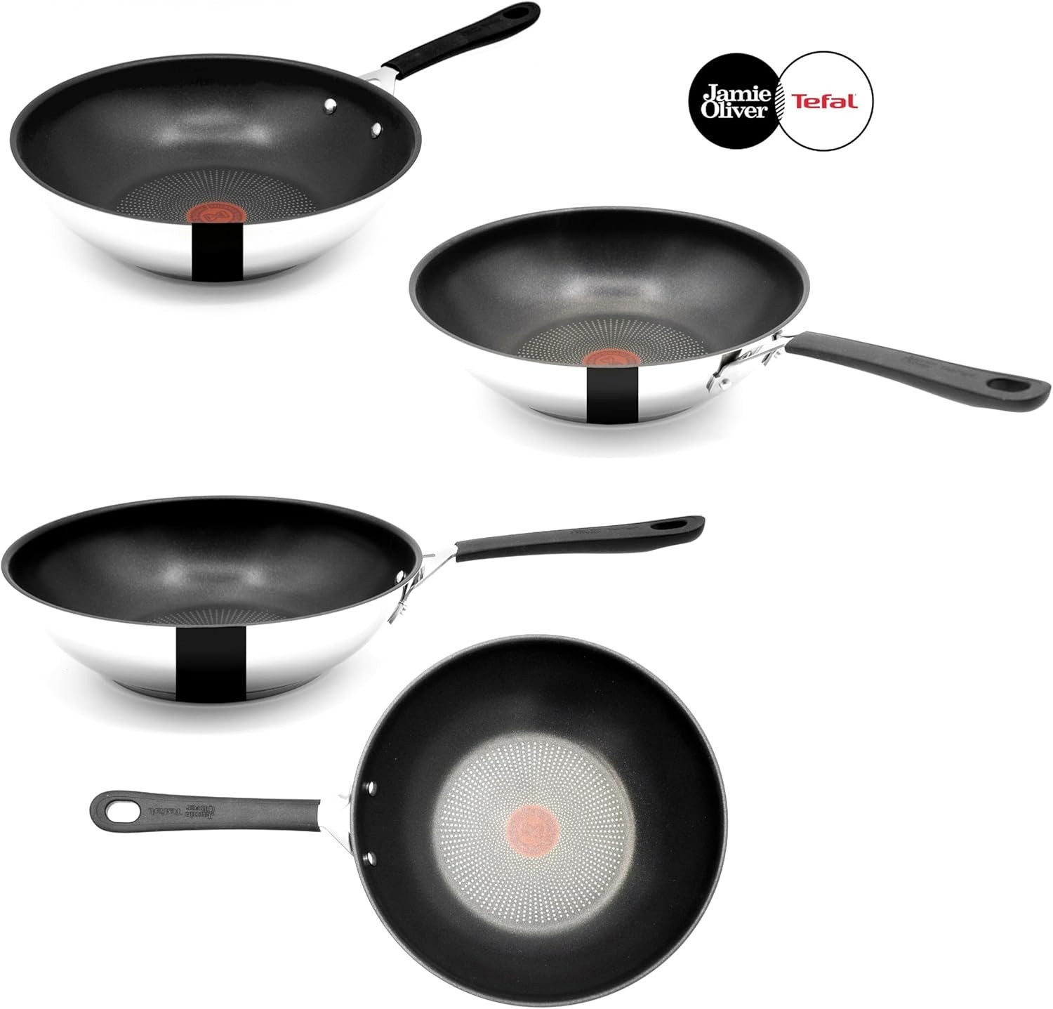 Tefal Wok Jamie Oliver E30 Wokpfanne 28cm Induktion, 3 Tlg, Antihaft, Wok Pfanne, Edelstahl 18/10 (Pfanne, Bratpfannen Set, Pfannenset, Wok, Wokpfanne, Schmorpfanne), Ohne Fett