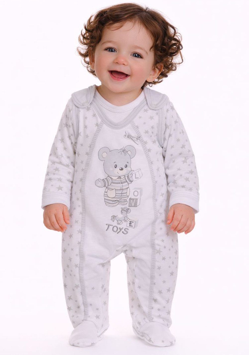 La Bortini Strampler Erstlingsset Baby Anzug Wickelbody mit Kratzschutz und Stramplerhose neutral, in weiß mit Sternchen, Bären, 44 50 56 62 68 74 80 86
