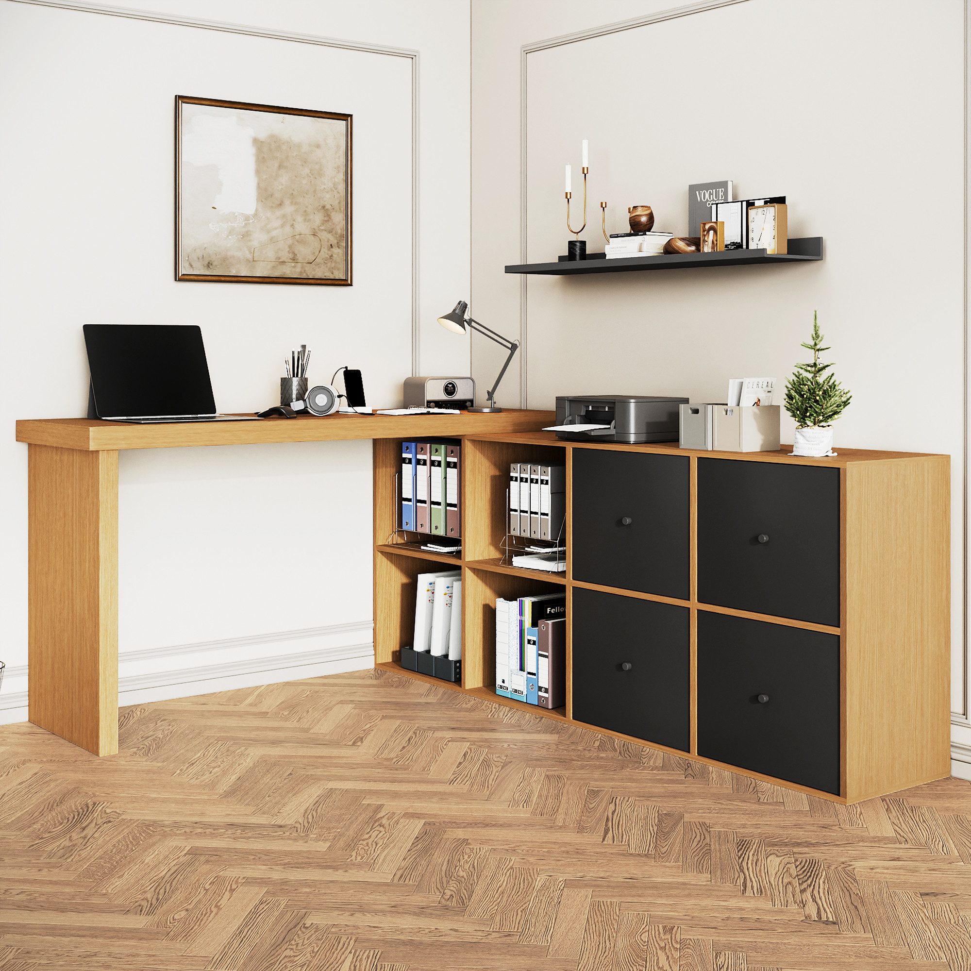Celya Eckschreibtisch Ecktisch, Tischplatte 360°schwenkbar, L-förmig oder gerade aufstellbar (4 Schubladen - Schreibtisch, nach links gerichtet), Tischplatte und Beine 4 cm verstärkt, mit 4 Fächern,Schwarz