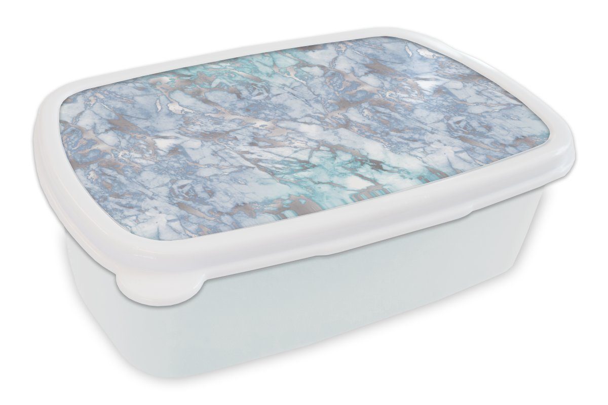 MuchoWow Lunchbox Silber - Blau - Gemustert - Marmor, Kunststoff, (2-tlg), Brotbox für Kinder und Erwachsene, Brotdose, für Jungs und Mädchen weiß