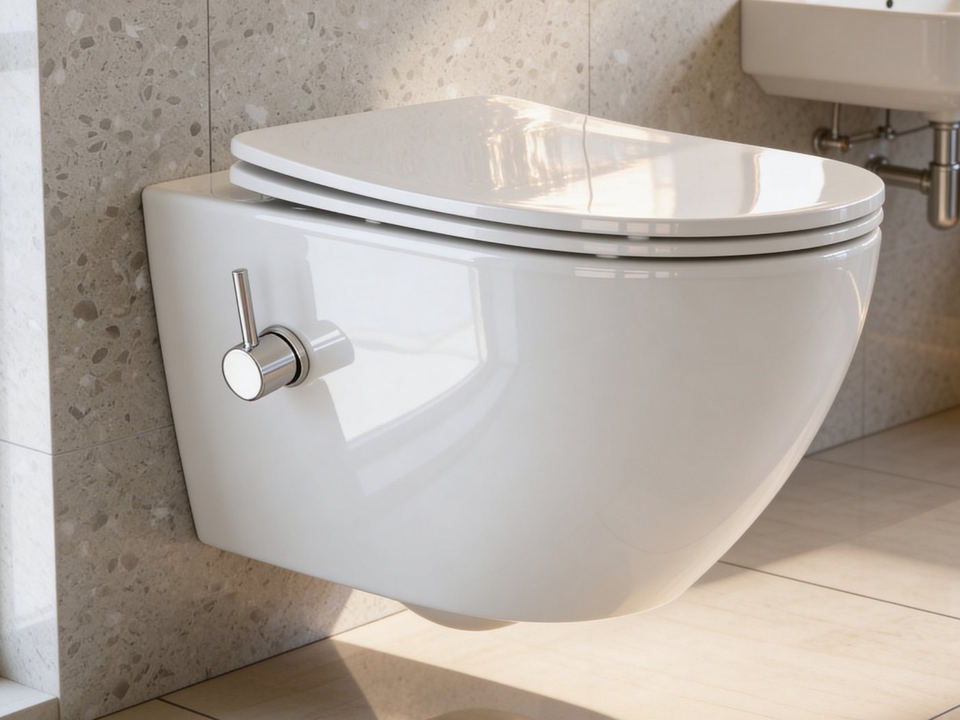 Aqua Bagno Dusch-WC mit Wirbelspülung Taharet Bidet Warm-/Kaltwasser Softclose, Hänge-WC, Abgang waagerecht, WC mit Bidet-Funktion, spülrandlos, Warm-Kalt-Wasser, 360° verstellbare Düse, Taharat WC
