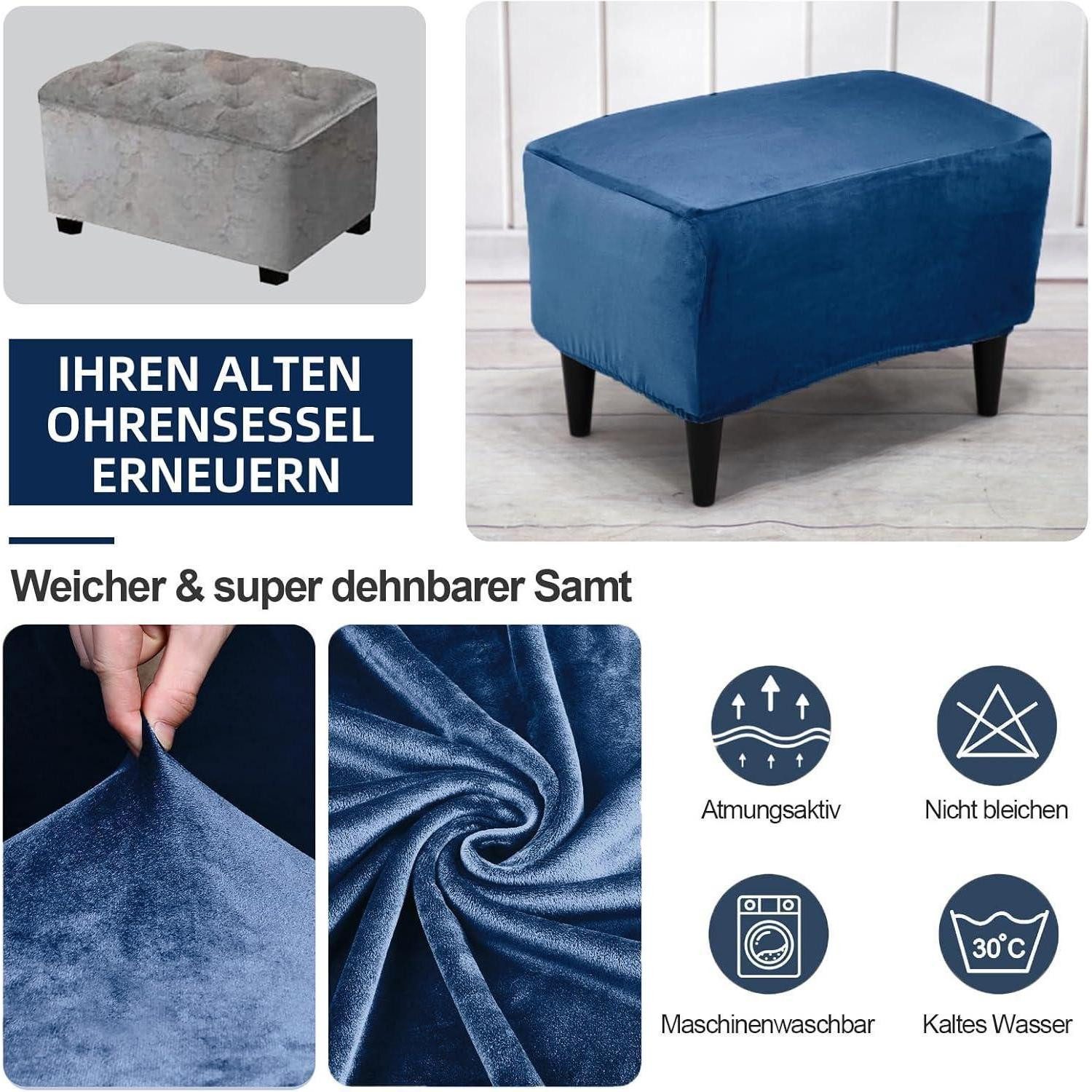 LuxusKollektion Hussen-Set Ohrensessel Überzug Ottomane Stretch Samt Armlehne Marineblau 3 Teilig – Bild 4 von 5