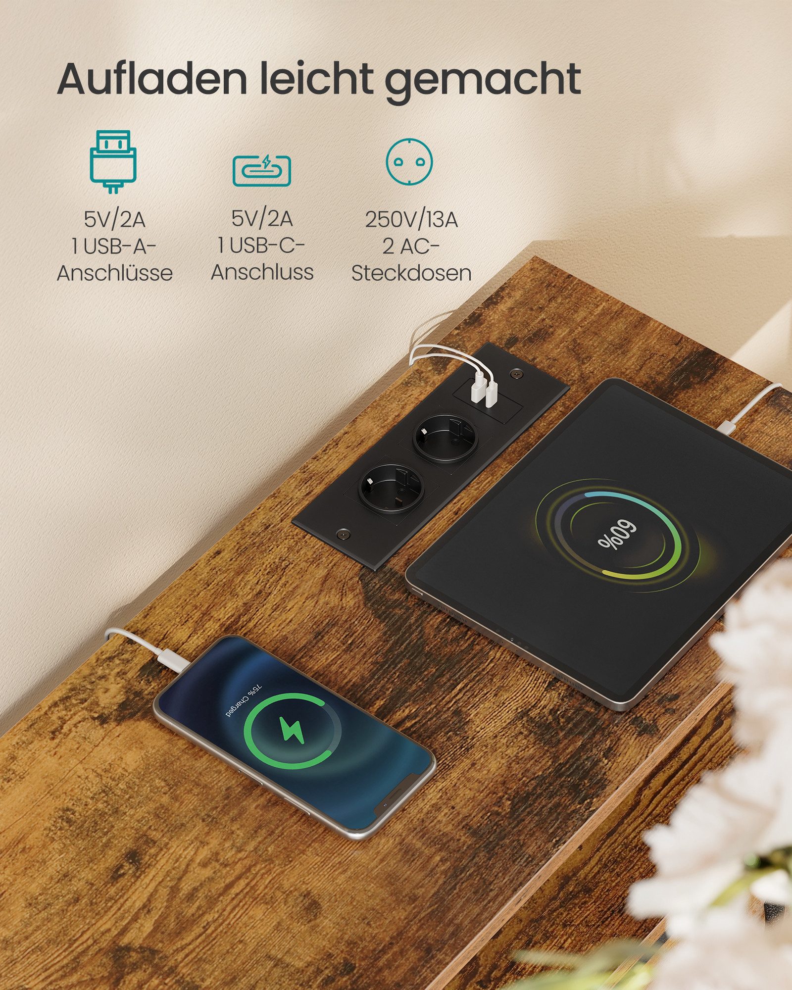 SONGMICS Kommode, LED-Beleuchtung, Sideboard, Schubladenschrank, mit Ladestation