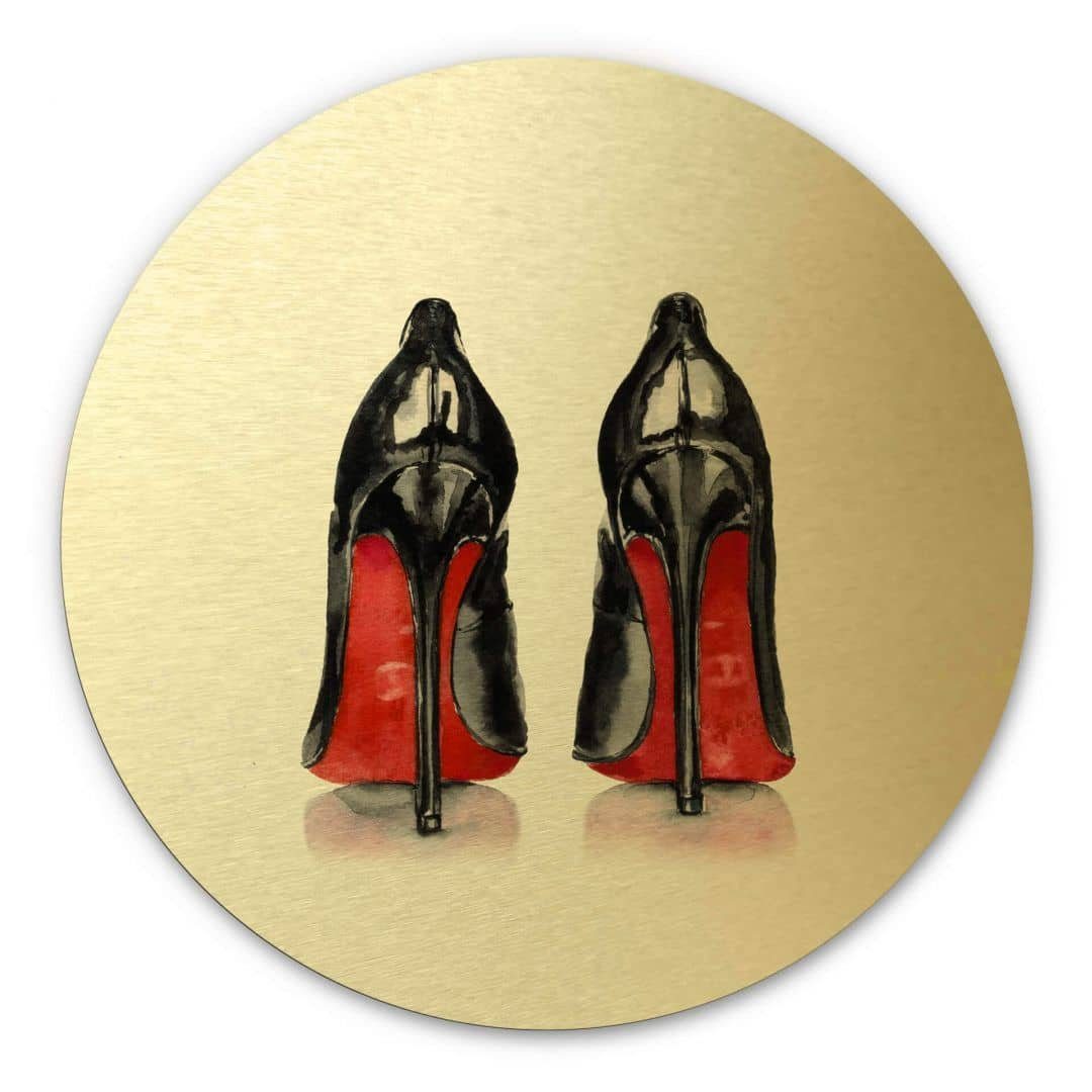K&L Wall Art Alu-Dibond-Druck Metallposter Rund Lady Pumps Lack Rot High Heels erotisch Gold, Metalloptik Wandbild Ø 30cm