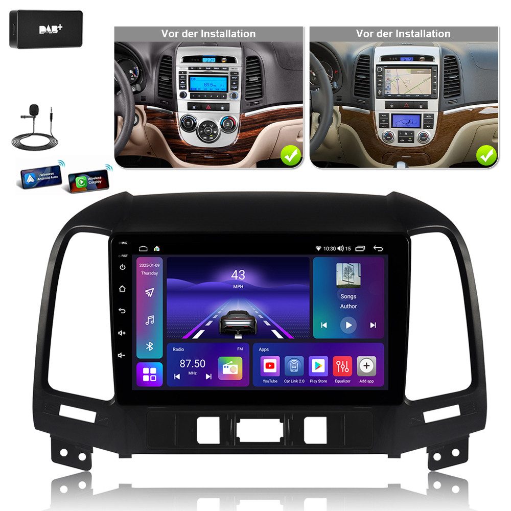 A-Sure 64GB Android 15 CarPlay GPS Für Hyundai Santa Fe 2 2006-2012 Bluetooth Autoradio (Digitalradio (DAB), Apple Carplay, UI Theme, FM, RDS, Siri, Mirrorlink, Google play, Netflix, Youtube, Calendar, TikTok)