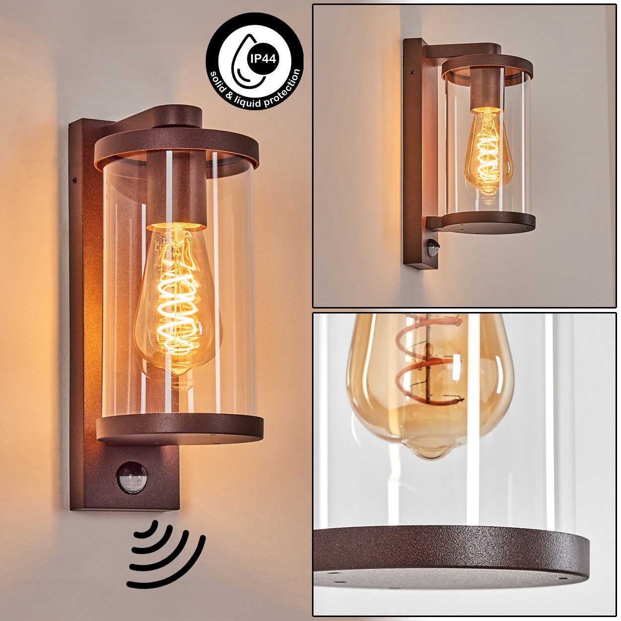 hofstein Außen-Wandleuchte Außenwandlampe mit Bewegungsmelder aus Metall/Glas in Rost/Klar, ohne Leuchtmittel