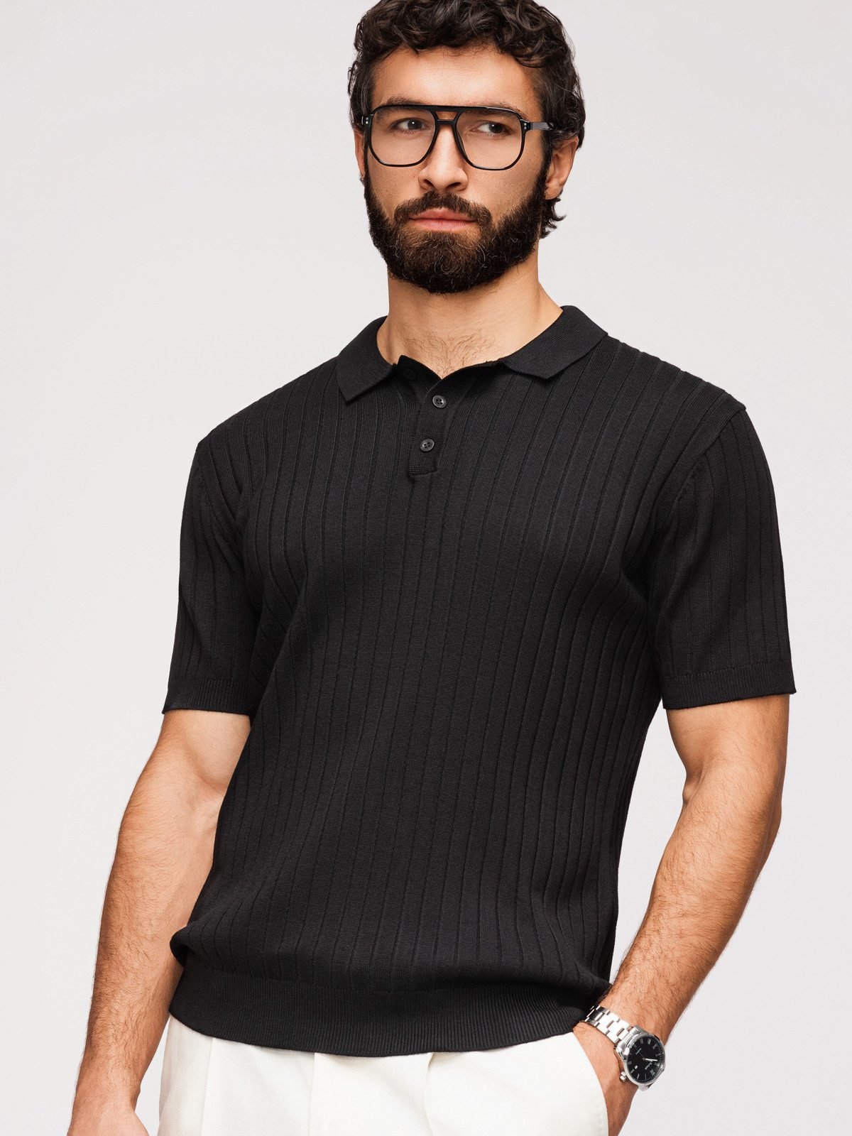 OMBRE Poloshirt Herren Slim-Fit Poloshirt mit klassischem Kragen Schwarz L (kein Set, 1-tlg) in Unifarbe