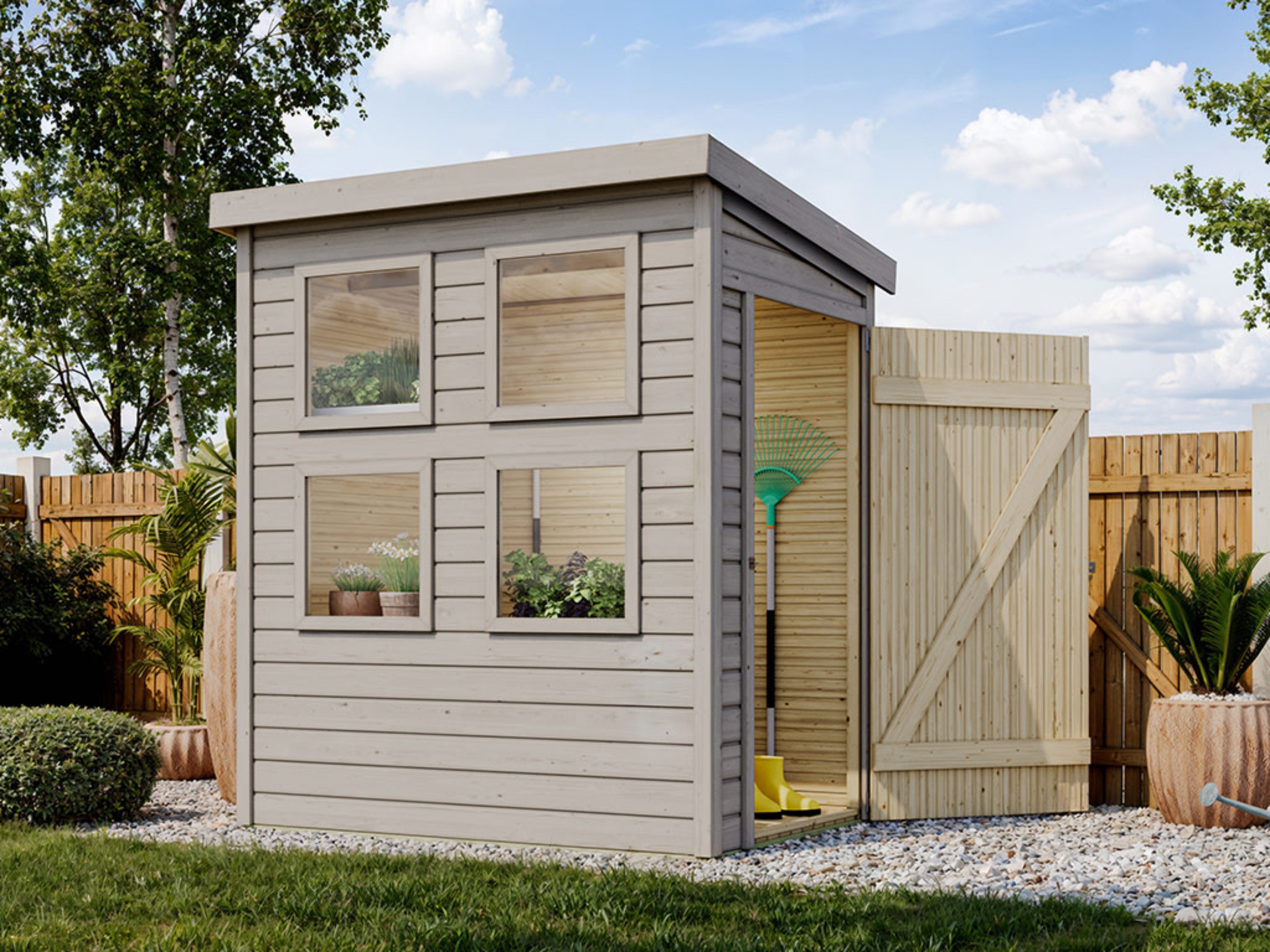 Karibu Gartenhaus Gerätehaus Anzuchtgewächshaus Fana 14 mm vorvergraut, BxT: 182x126 cm, 14 mm Wandstärke