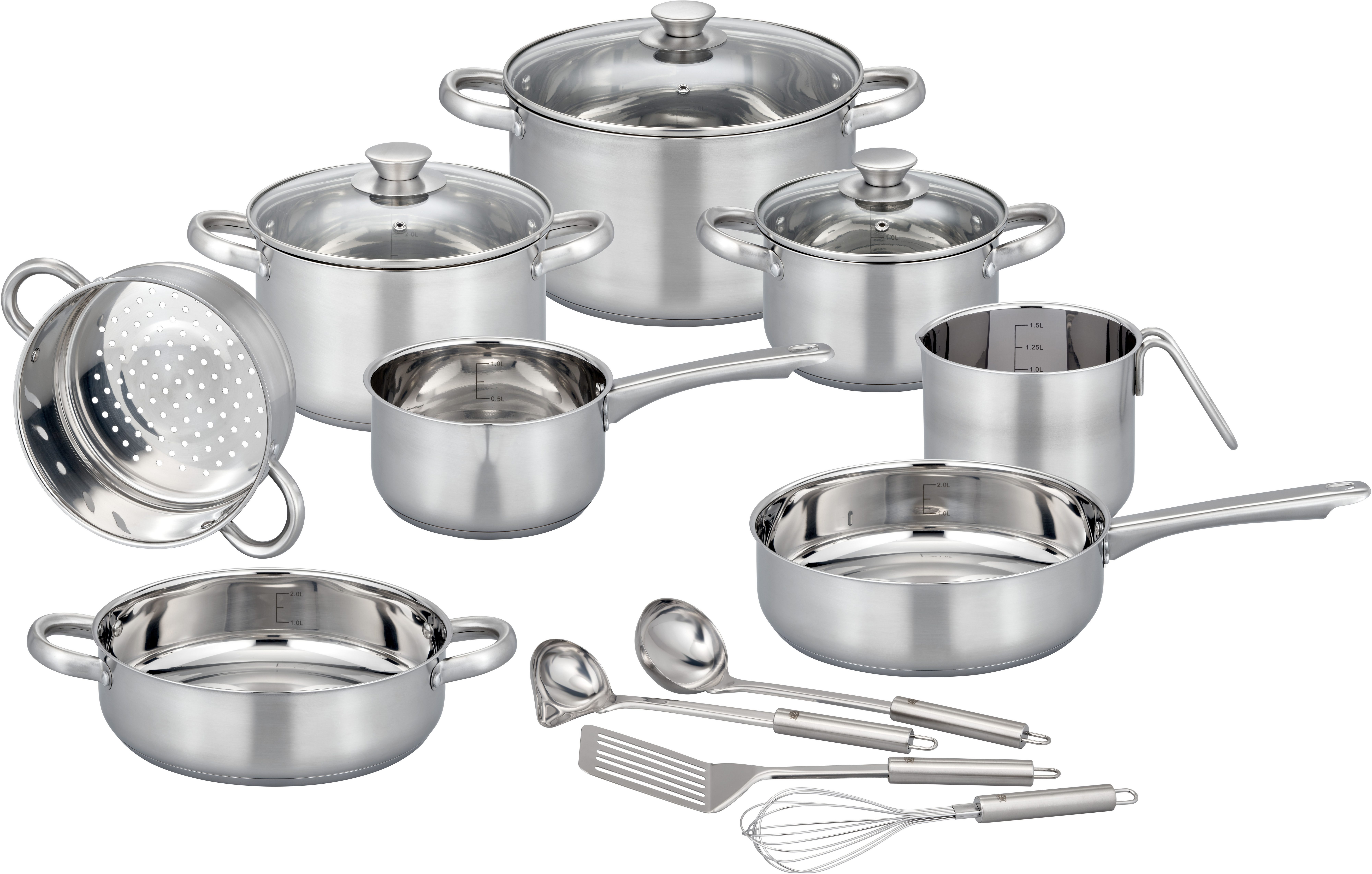 GSW Topf-Set Toronto, Edelstahl (Set, 15-tlg), mehrteiliges Kochtopf-Set aus Edelstahl inkl. praktischer Küchenhelfer