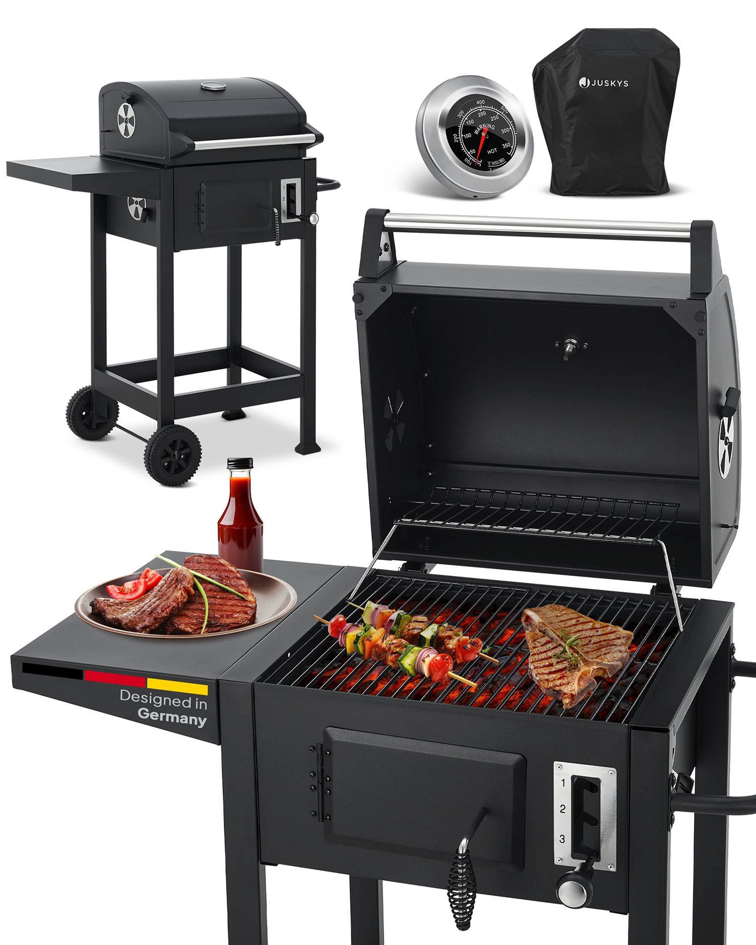 Juskys Holzkohlegrill Missouri, mit Deckel, Räder, verstellbarer Kohlewanne & Abdeckhaube