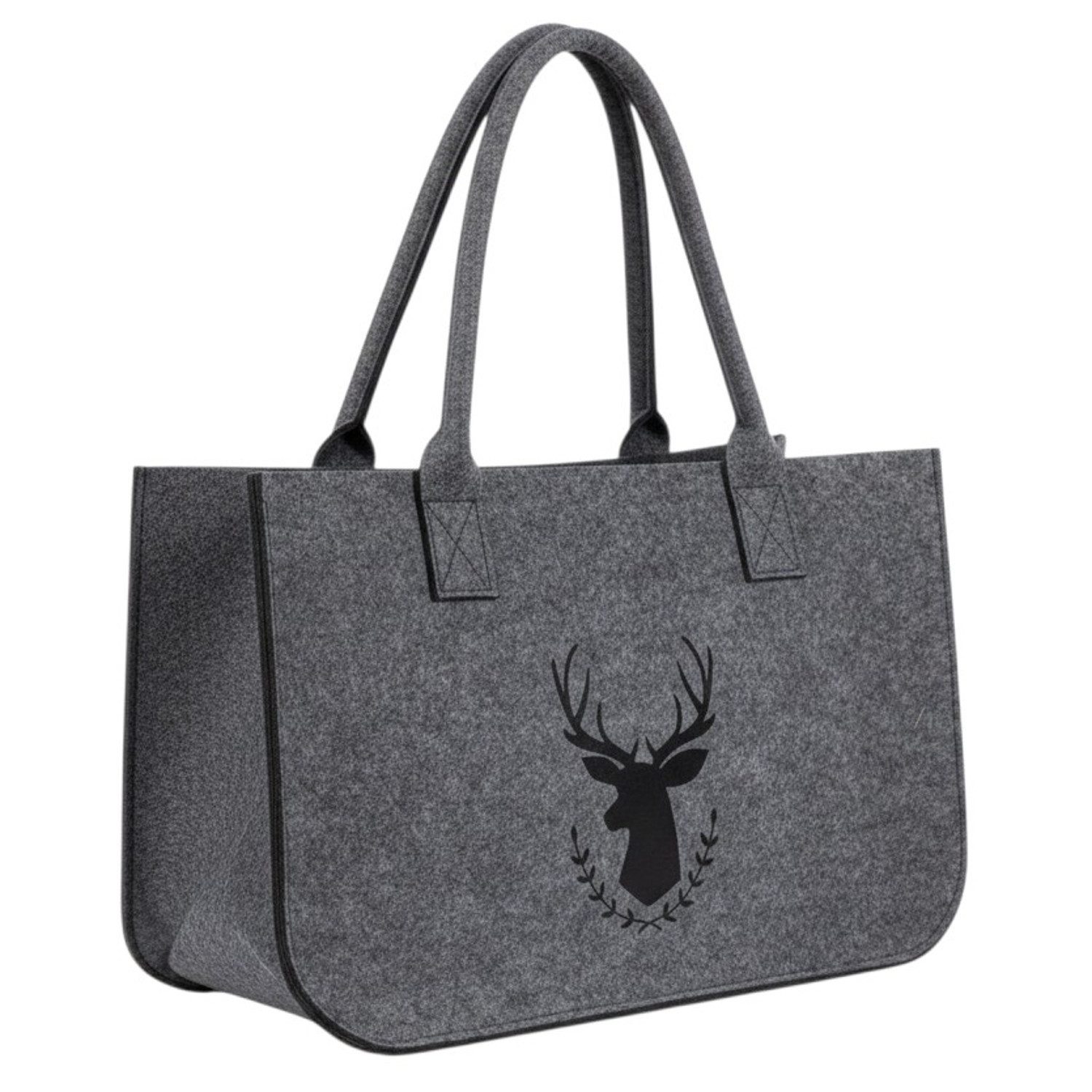 meberg Freizeittasche Filztasche Hirsch Hellgrau od. Dunkelgrau Damen groß (Shopper modern, 1-tlg., Aufbewahrungstasche Einkaufstasche), Tasche Filz Grau Hirschmotiv