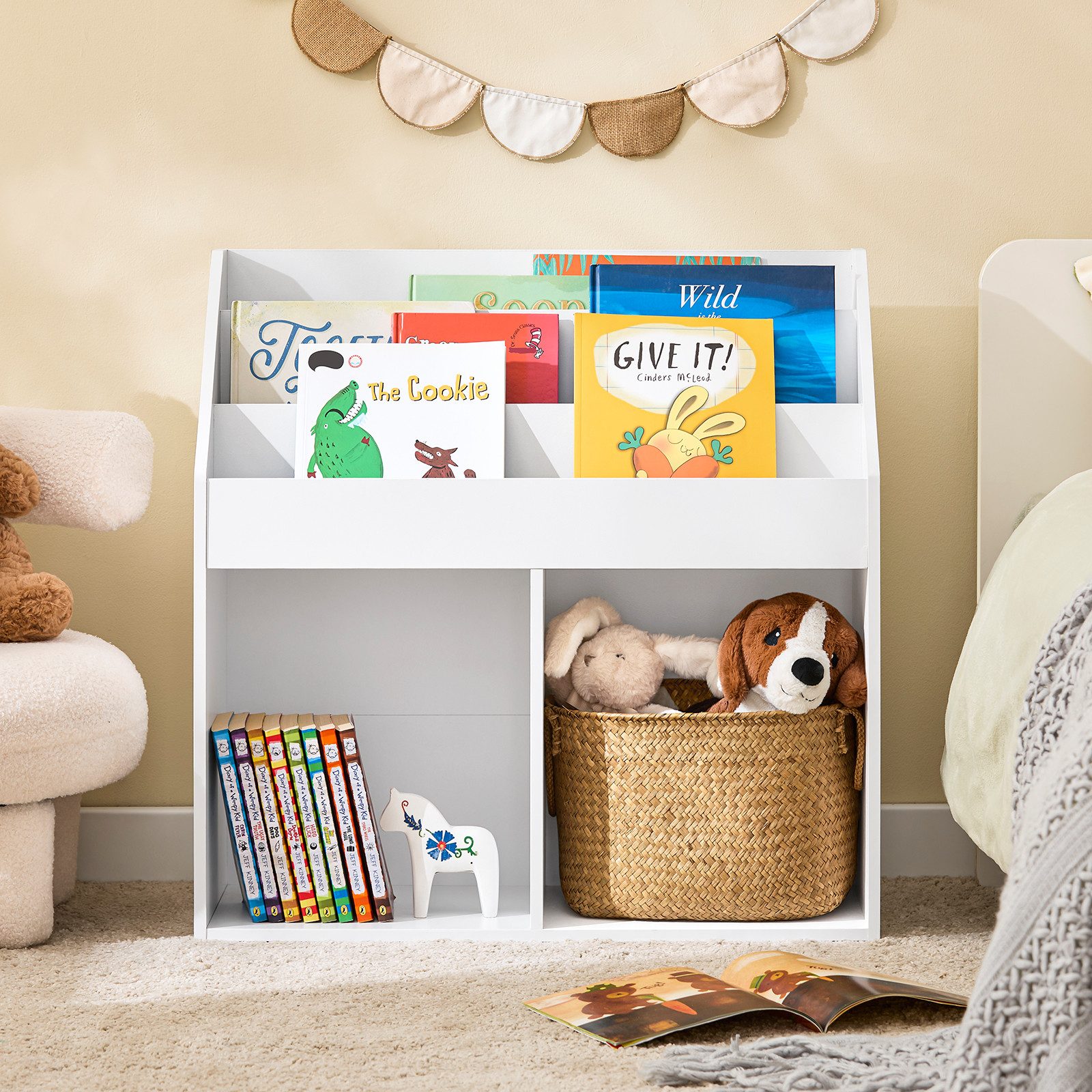 SoBuy Bücherregal KMB01, Spielzeugregal Spielzeugtruhe Standregal Montessori Regal, Kinderregal mit 3 Ablagefächern und 2 offenen Fächern Bücherregal