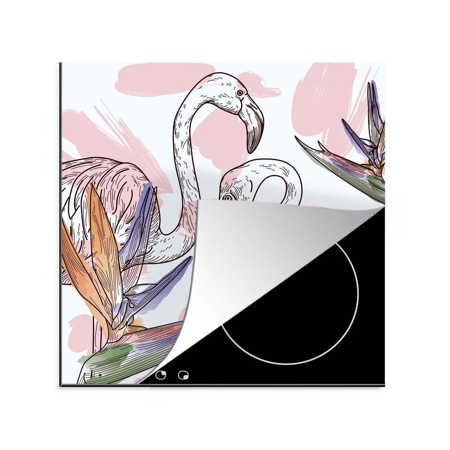 MuchoWow Herdblende-/Abdeckplatte Vogel - Pflanzen - Flamingo - Muster, Vinyl, (1 tlg), 78x78 cm, Ceranfeldabdeckung, Arbeitsplatte für küche