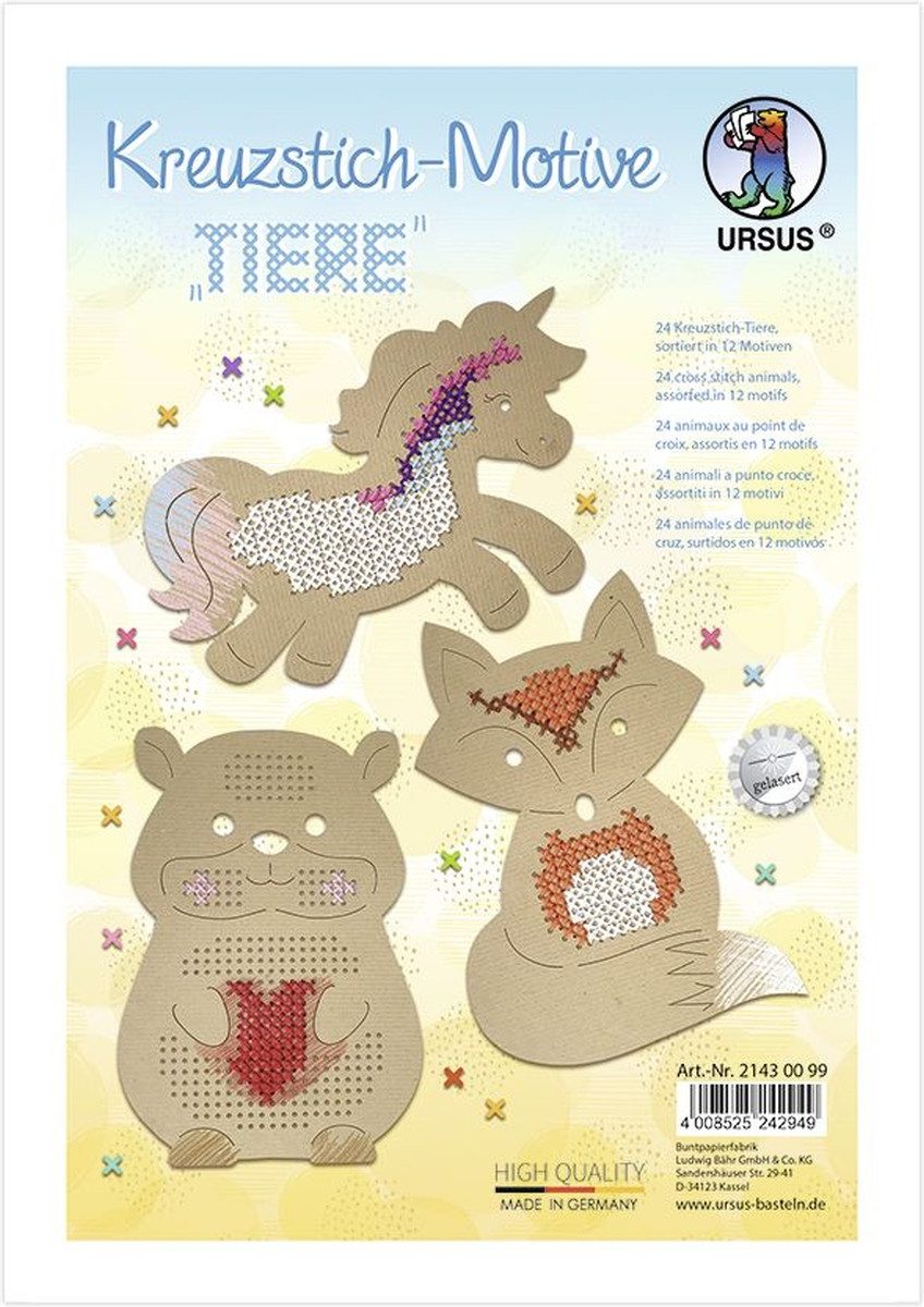 Ursus - Ludwig Bähr Bastelfilz Kreuzstich-Bastelset Tiere VE=24 Blatt / 12 Motive