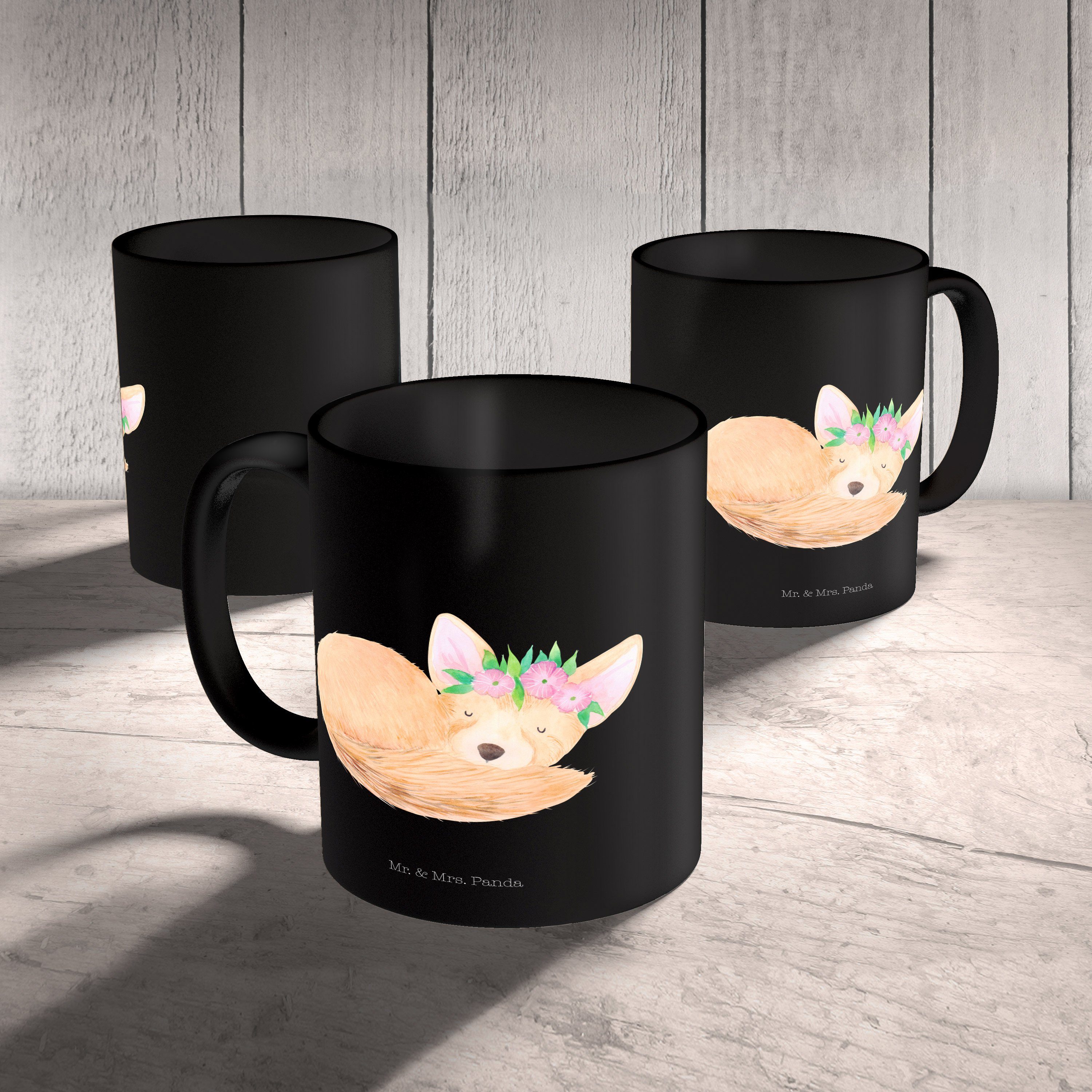 Mr. & Tasse Tasse, Schwarz - Panda - Blumenkranz Geschenk, Mrs. Wildtiere, Büro Schwarz Keramik Wüstenfuchs