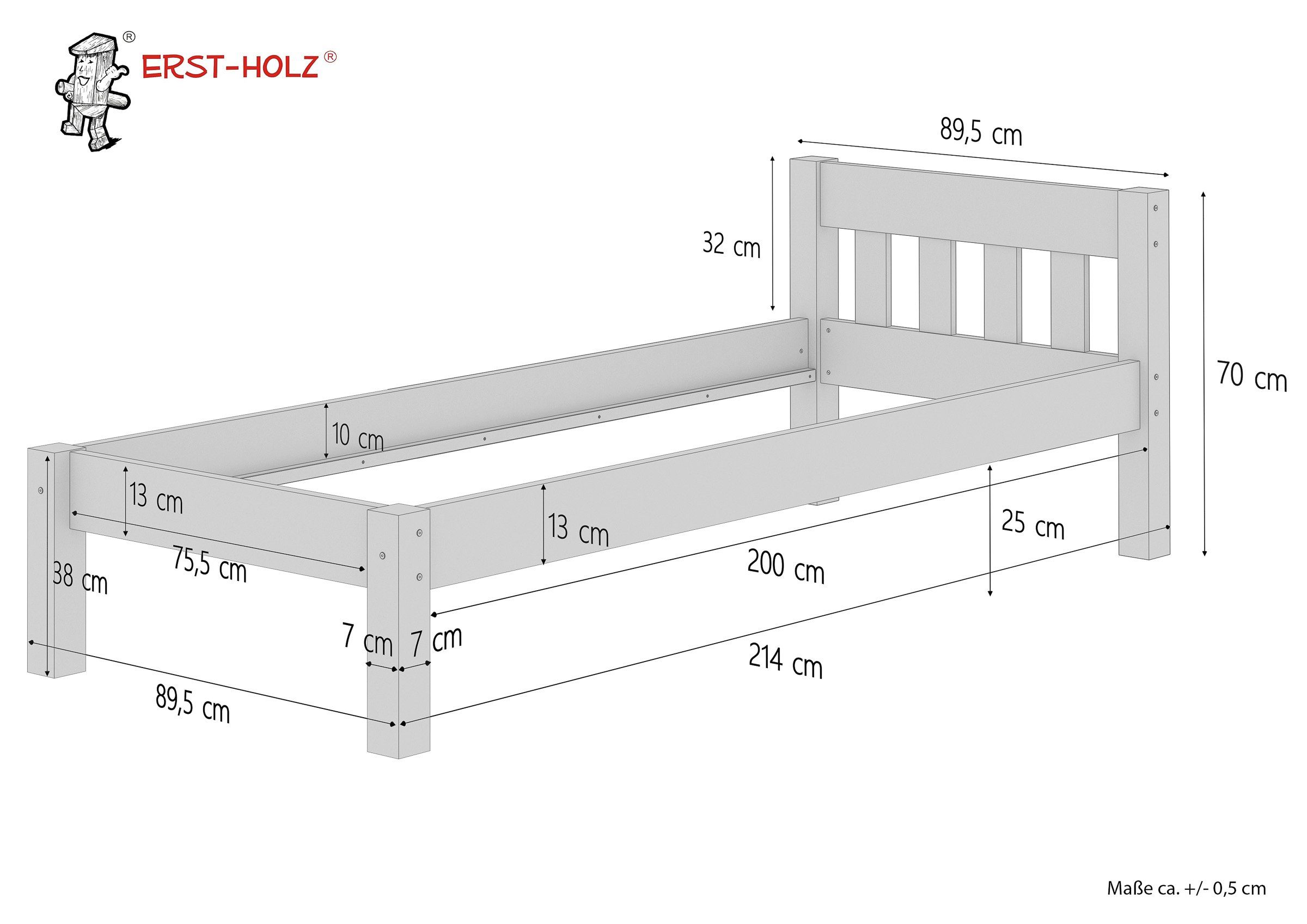 ERST-HOLZ Bett Bettgestell Kiefer massiv, Kieferfarblos 80x200, stabil schmal lackiert und