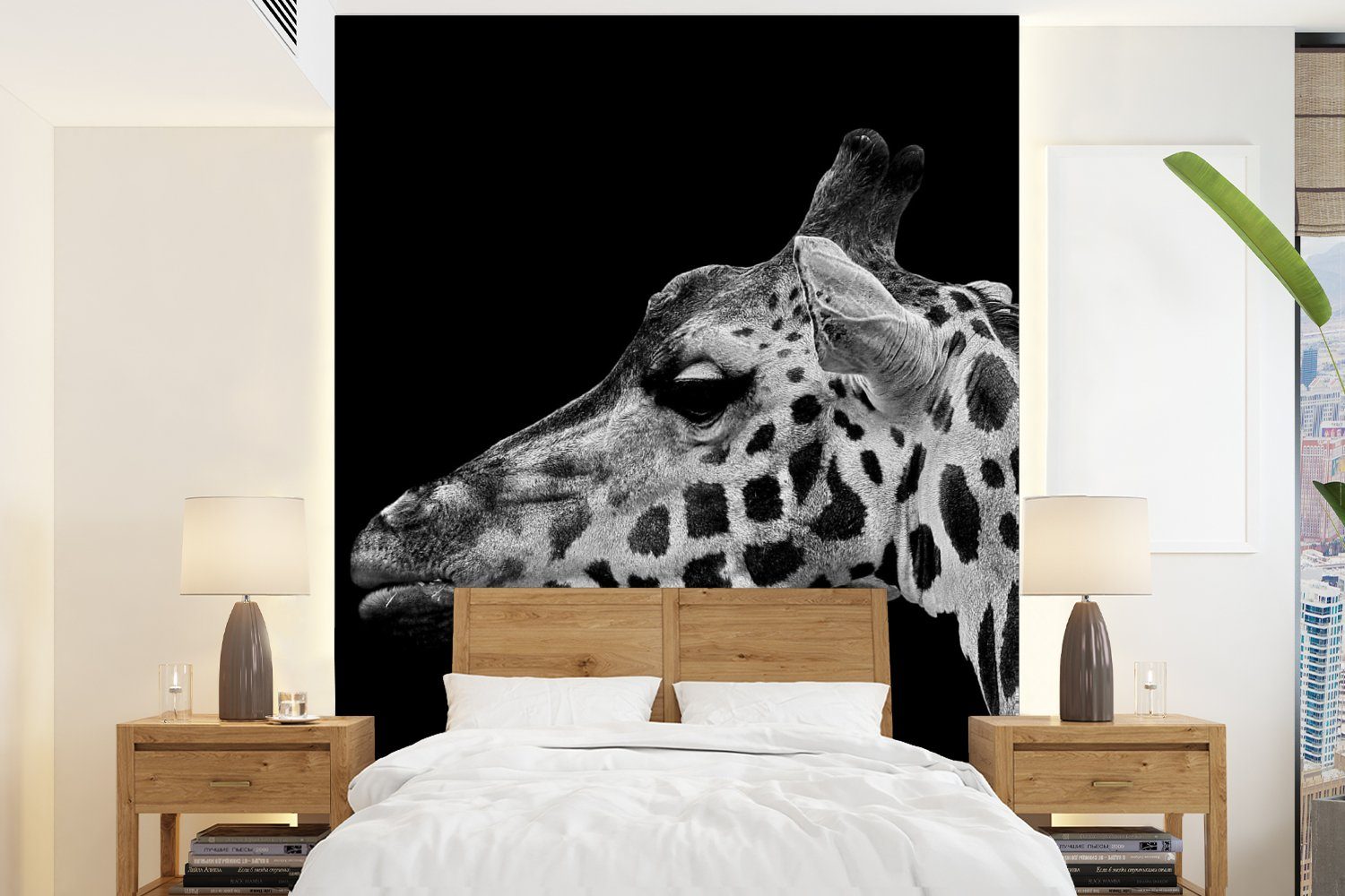 Weiß, Tiere Giraffe Wohnzimmer, Fototapete Wandtapete für MuchoWow Schwarz - (4 - Montagefertig - bedruckt, Tapete St), Matt, Vinyl