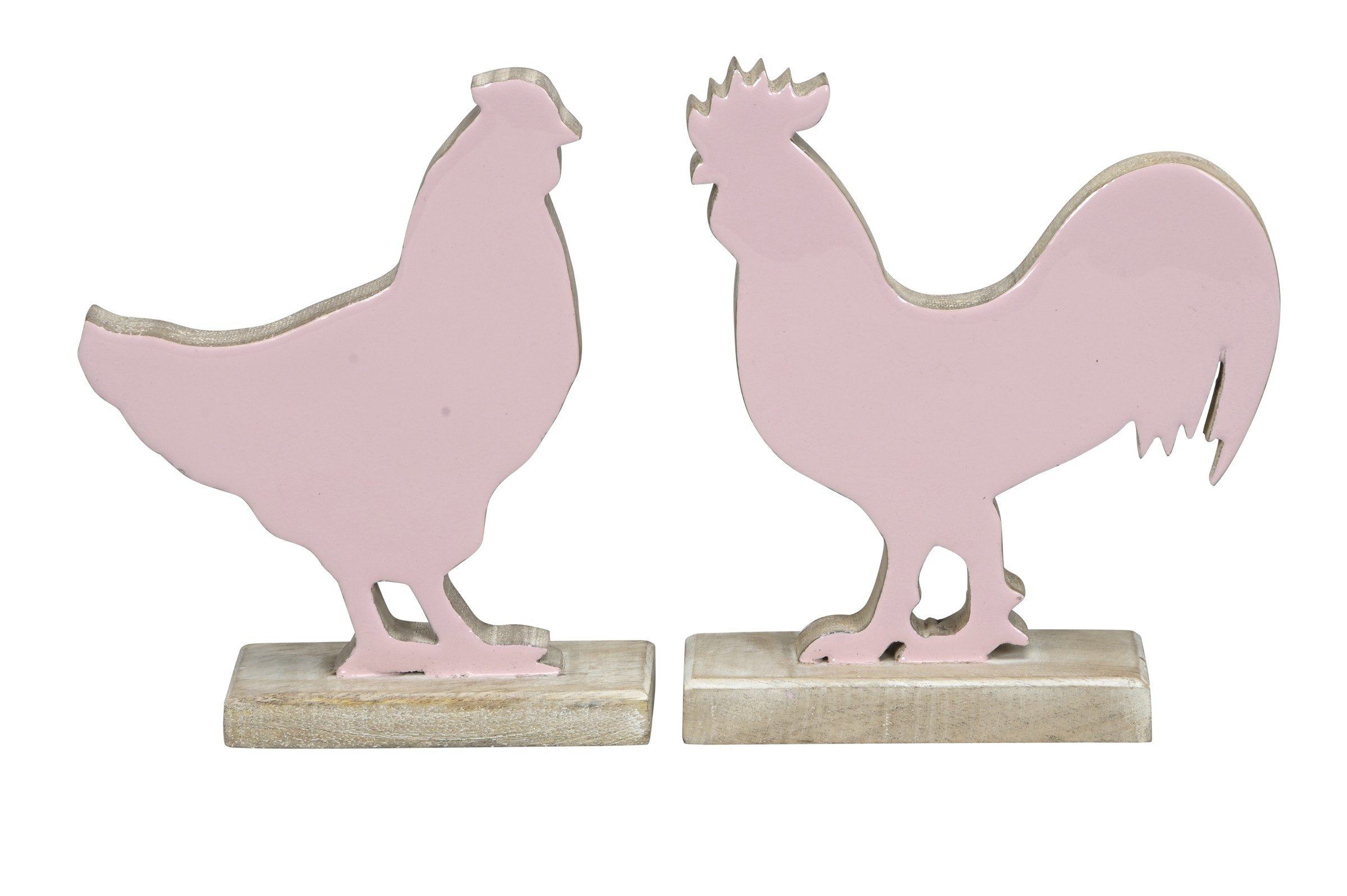 Osterfigur Hahn und Huhn 2fach sort. Mangoholz rosa-natur Skulptur Figur
