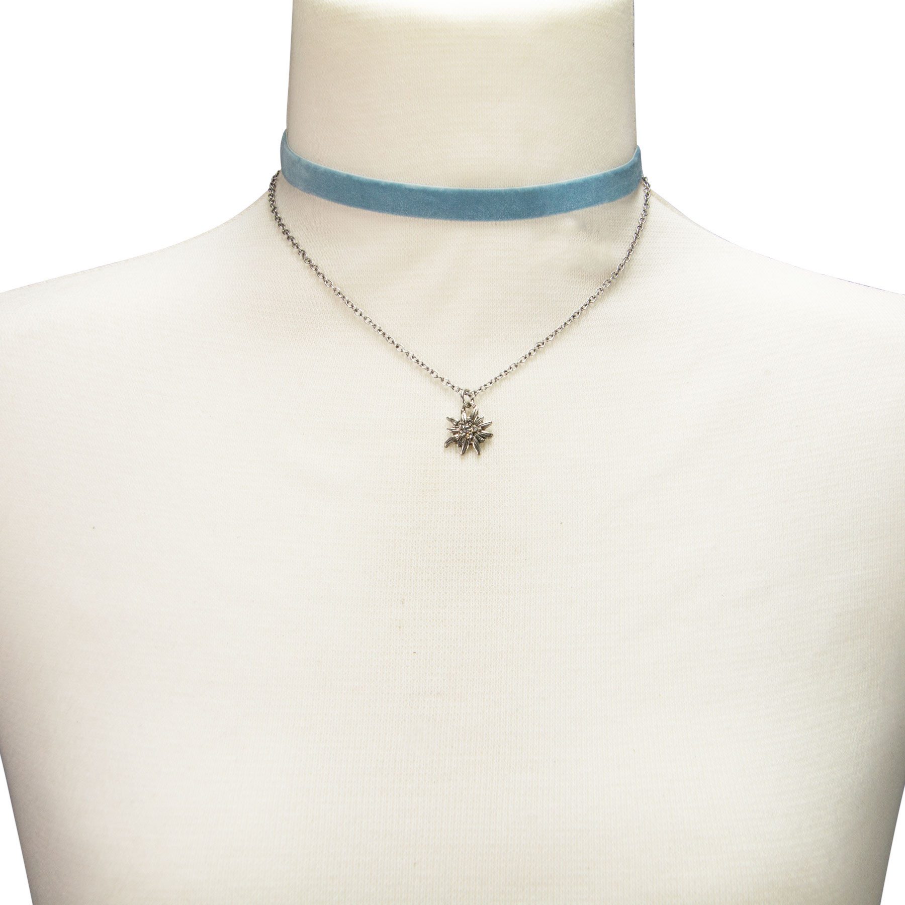 Alpenflüstern Choker Trachten-Samt-Kropfband Strassedelweiss-Kette (hell-blau), - nostalgische Trachtenkette enganliegend, Kropfkette elastisch, Damen – Bild 5 von 5