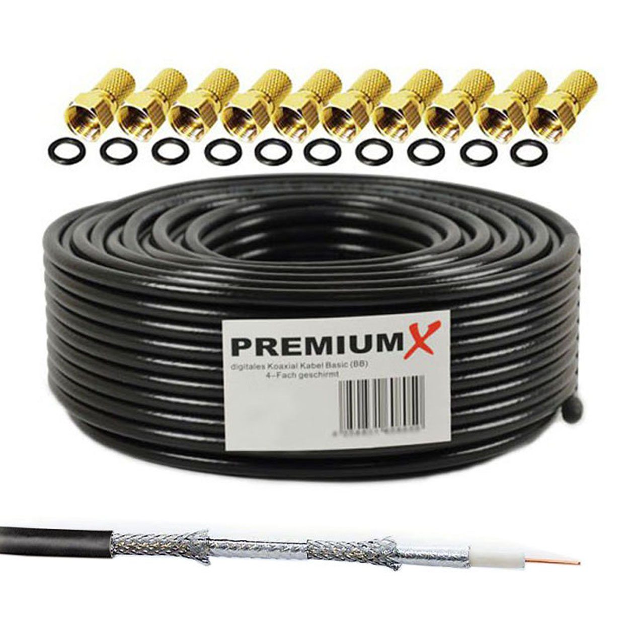 PremiumX 50m BASIC Koaxialkabel schwarz 135dB 4-fach SAT Kabel 10x F-Stecker SAT-Kabel