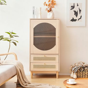 OKWISH Sideboard Kommode Rattan-Design (1 Tür aus klarem Acryl 2 Schubladen aus Rattan), Hochschrank, Esszimmerschrank, Kommode