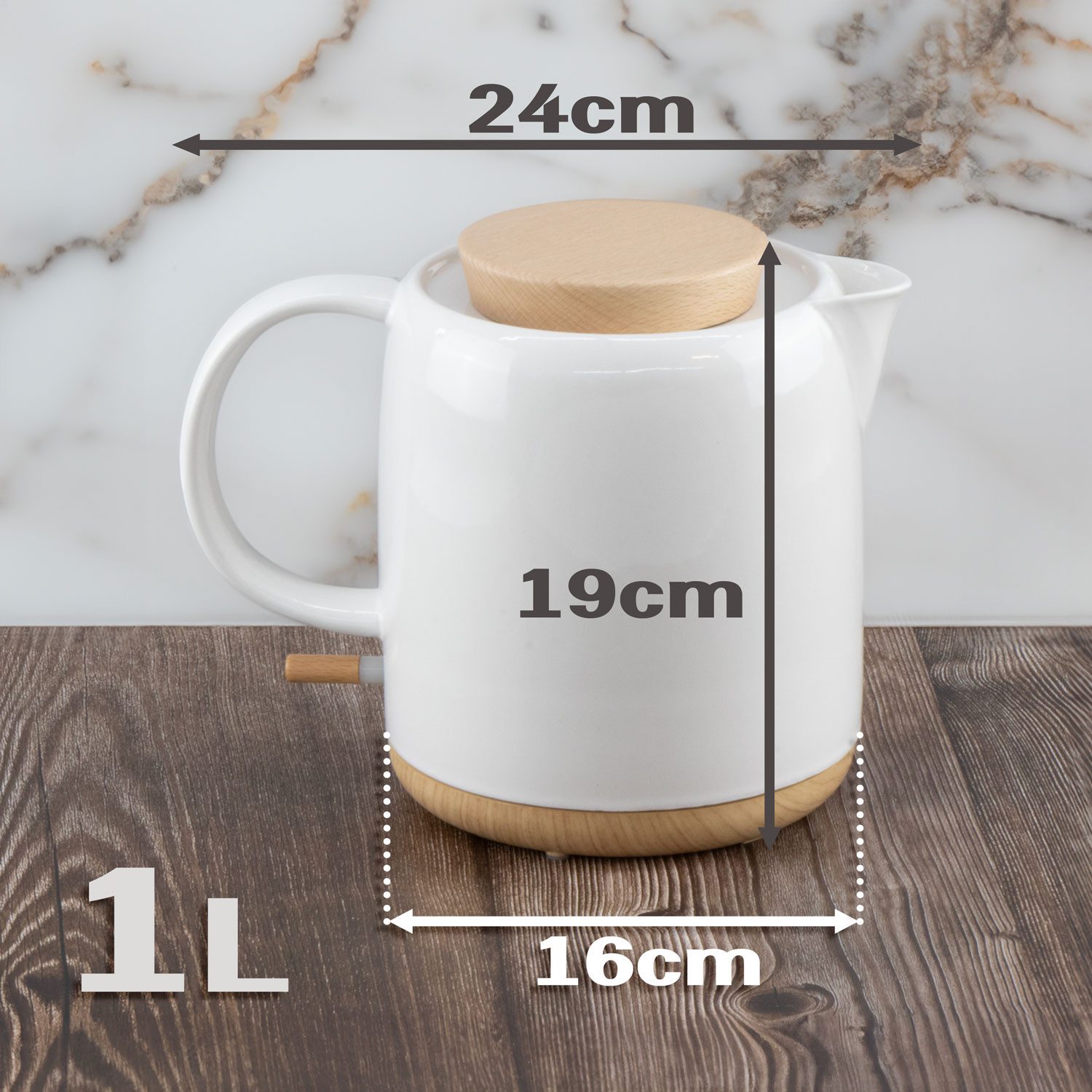 KVOTA Wasserkocher elektrisch aus Keramik, 1 L, abnehmbarer Holz-Deckel, weiß, modernes, 1 l, 1200 W, modernes Öko-Design