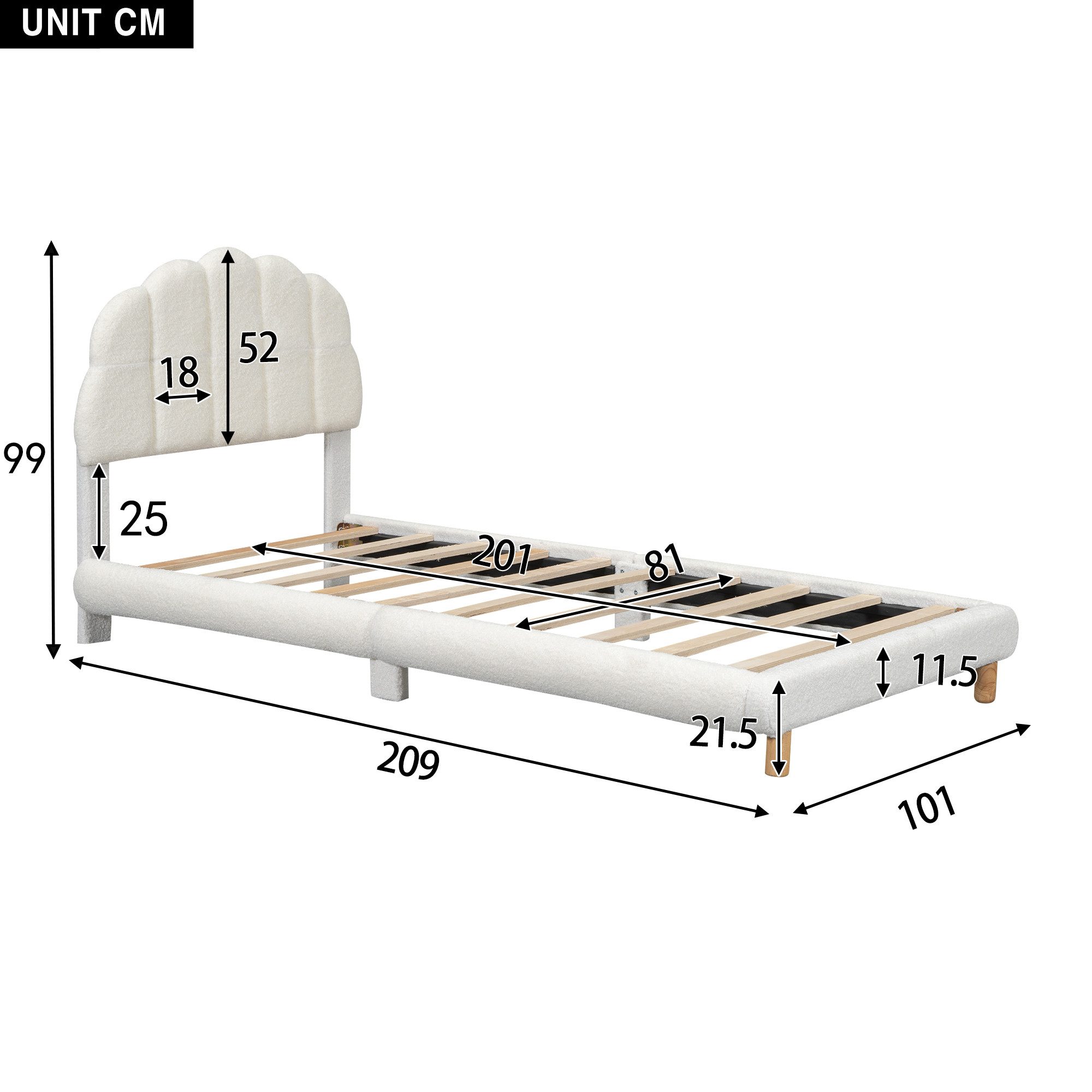 Ulife Kinderbett Flachbett mit niedlichem Kopfteil, 90 x 200 cm (1-tlg., Ohne Matratze), weiches Plüsch-Material für kuschelige Schlafmomente
