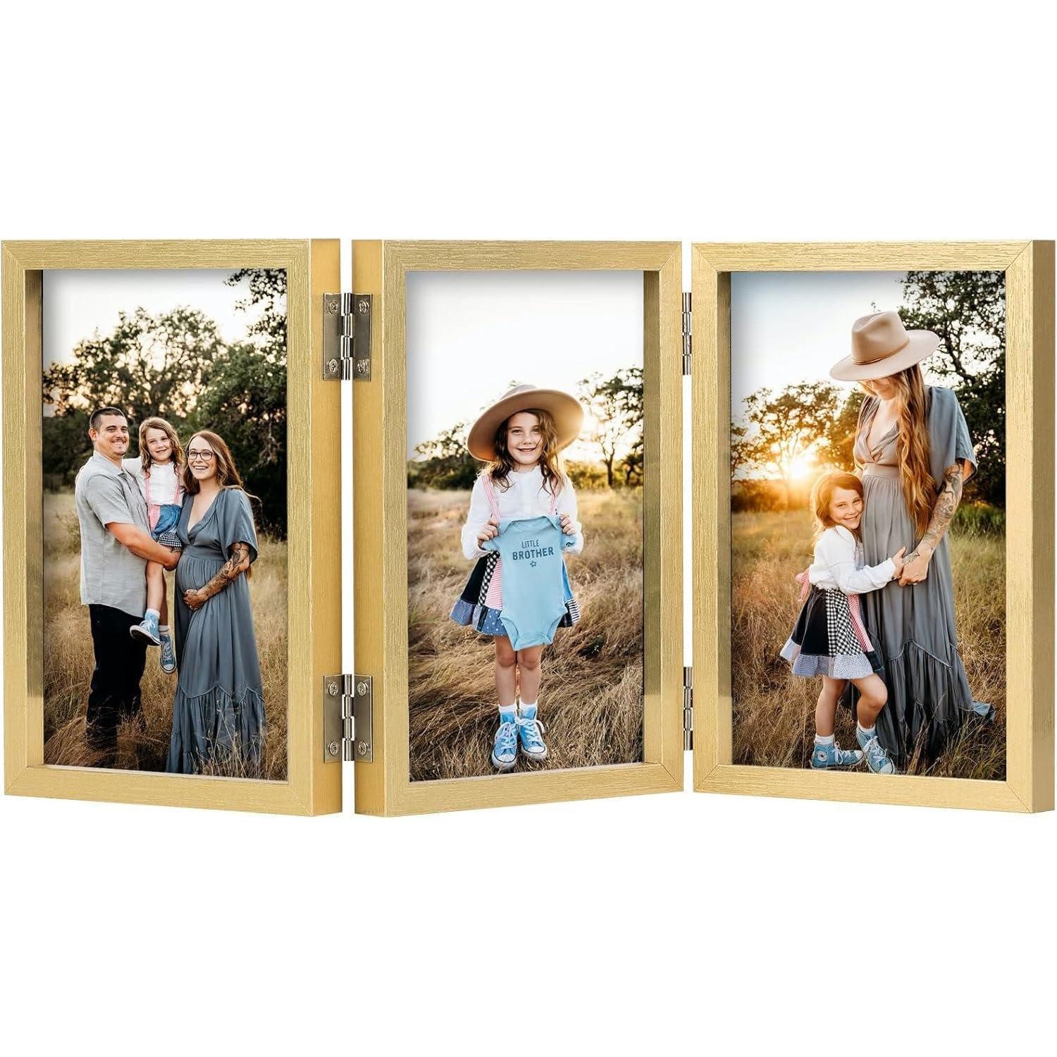 LuxusKollektion Bilderrahmen Collage Bilderrahmen 13x18 Dreifach Collage Glasfront Standfuß Gold 13x18cm