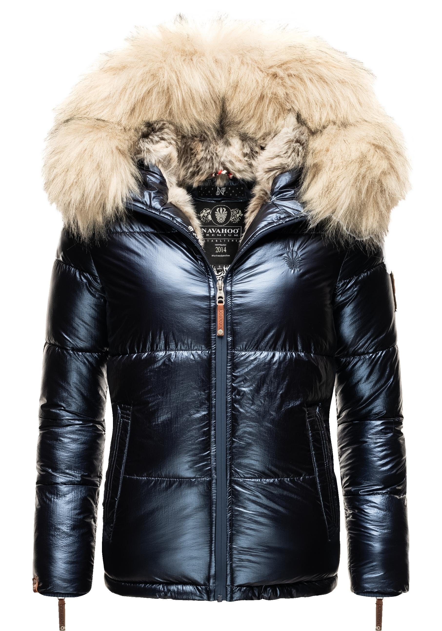 Navahoo Winterjacke Tikunaa warm gefütterte Damen mit Steppjacke blau Kunstfellkapuze