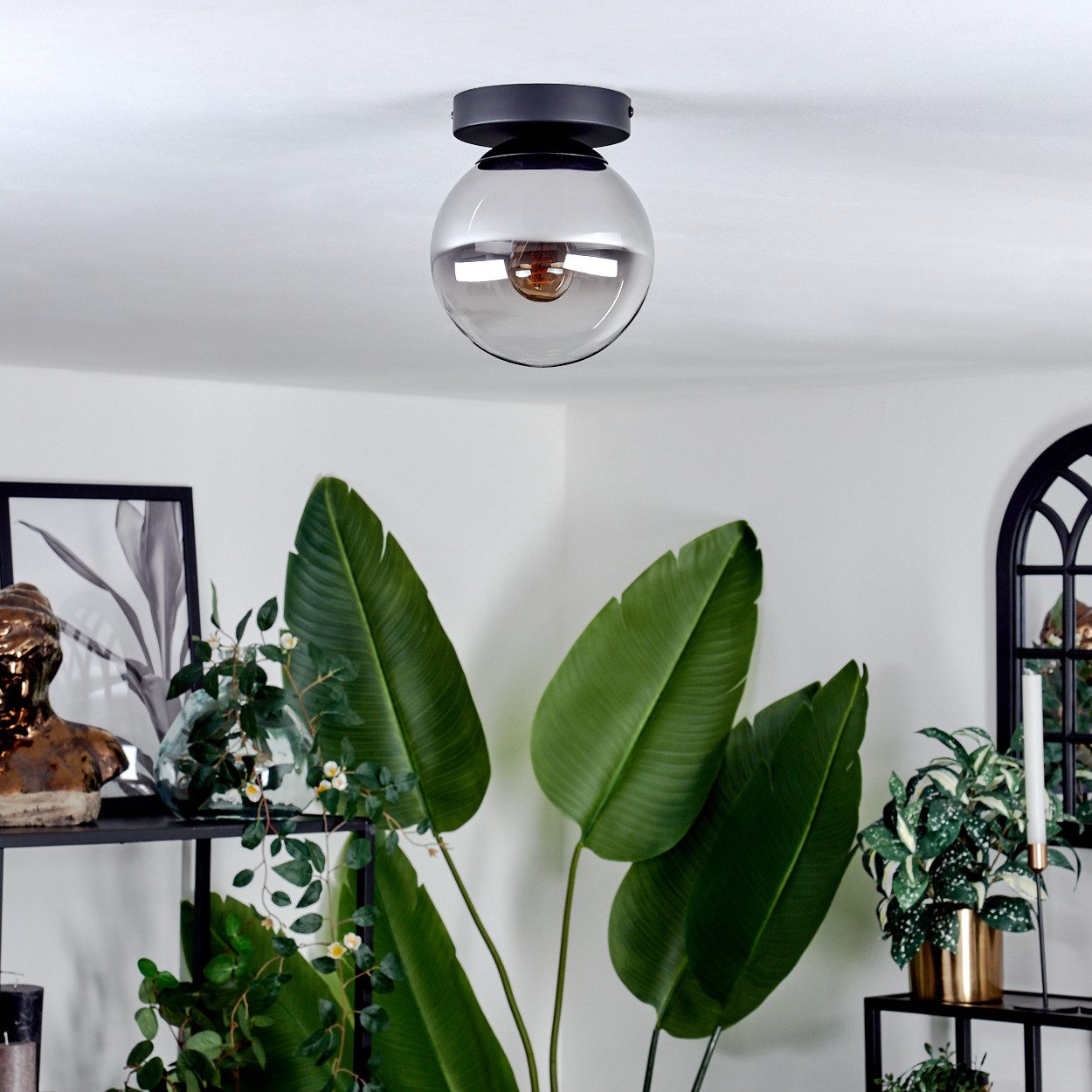 hofstein Deckenleuchte Deckenlampe aus Metall/Glas in Schwarz/Chromfarben/Klar, ohne Leuchtmittel, Leuchte im Retro-Design aus Glas, 1 x E14, ohne Leuchtmittel – Bild 2 von 5