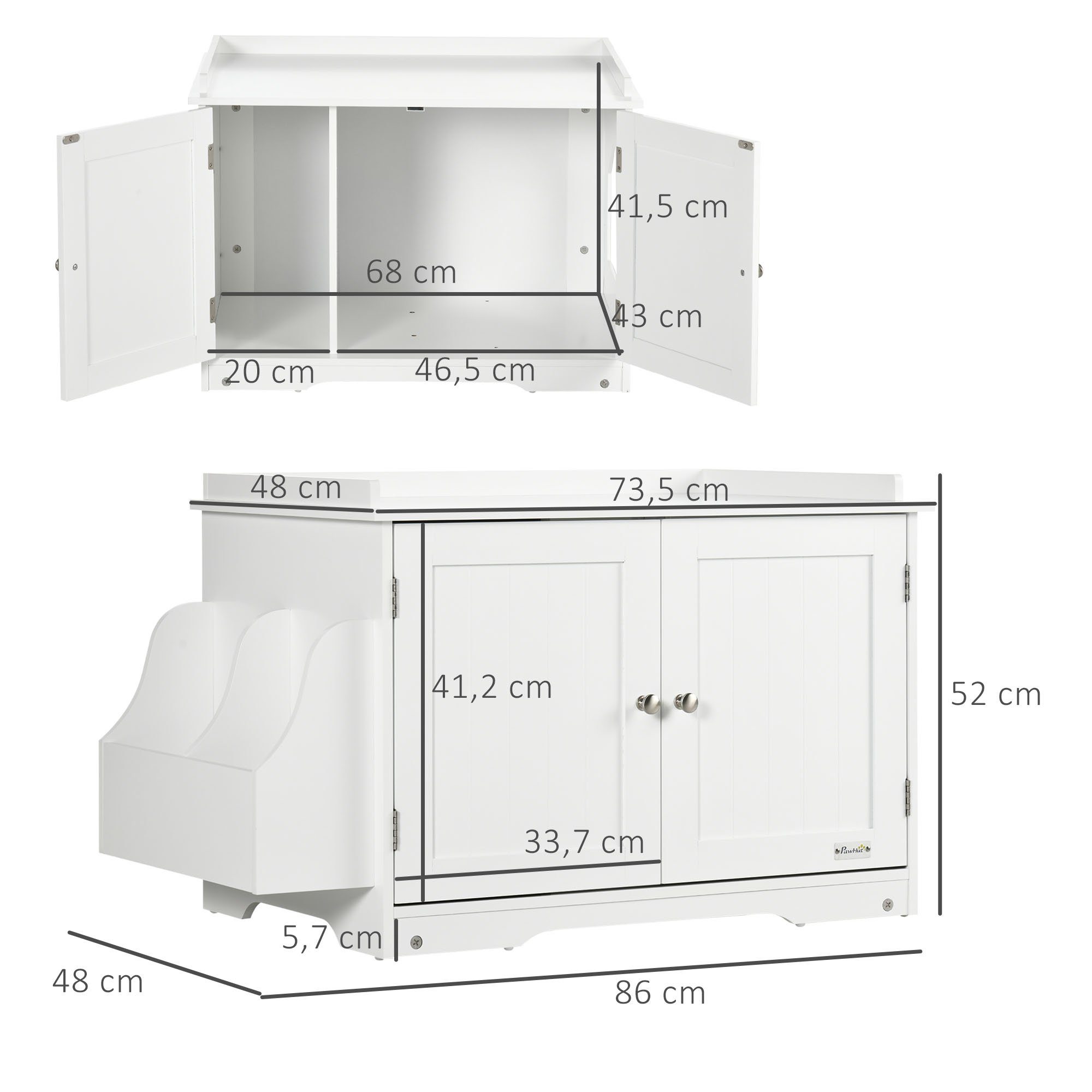 PawHut Katzentoilette Katzenschrank Katzenhaus mit Magnettüren Trennwand, Weiß,86B x 48L x 52H cm