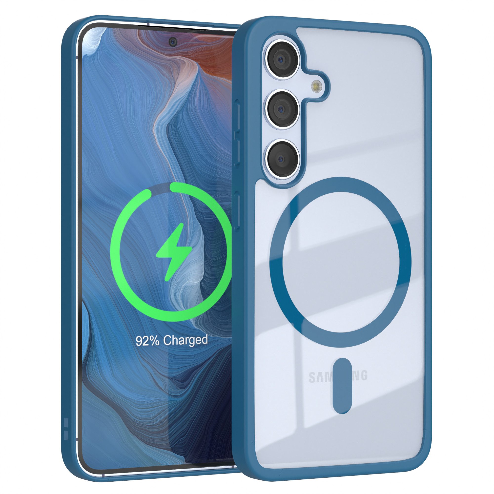 EAZY CASE Handyhülle Transparente Hülle mit MagSafe Samsung Galaxy S24 6,2 Zoll, Silikon Handyhülle, Schutzhülle mit Kameraschutz, Etui magnetisch Blau