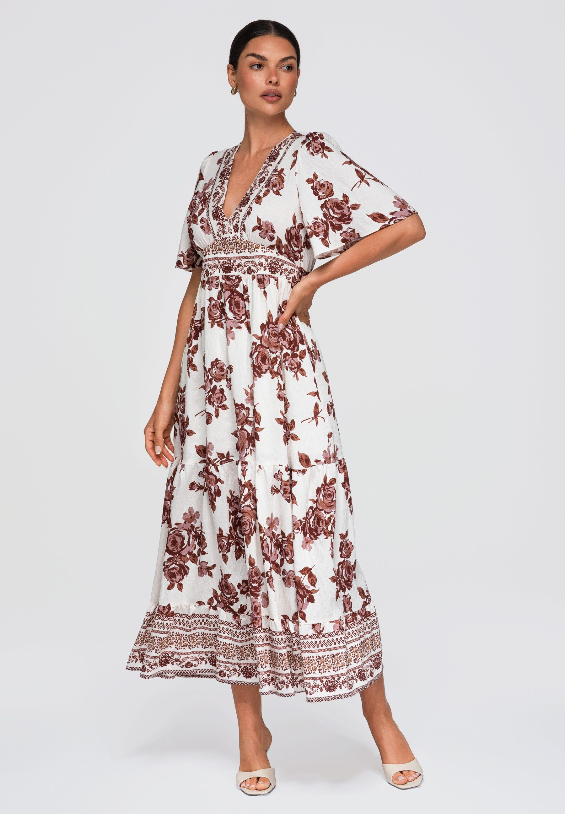 OMBRE Maxikleid Damen Maxikleid mit V-Ausschnitt Elegant Braun S (kein Set, 1-tlg) maxi Länge