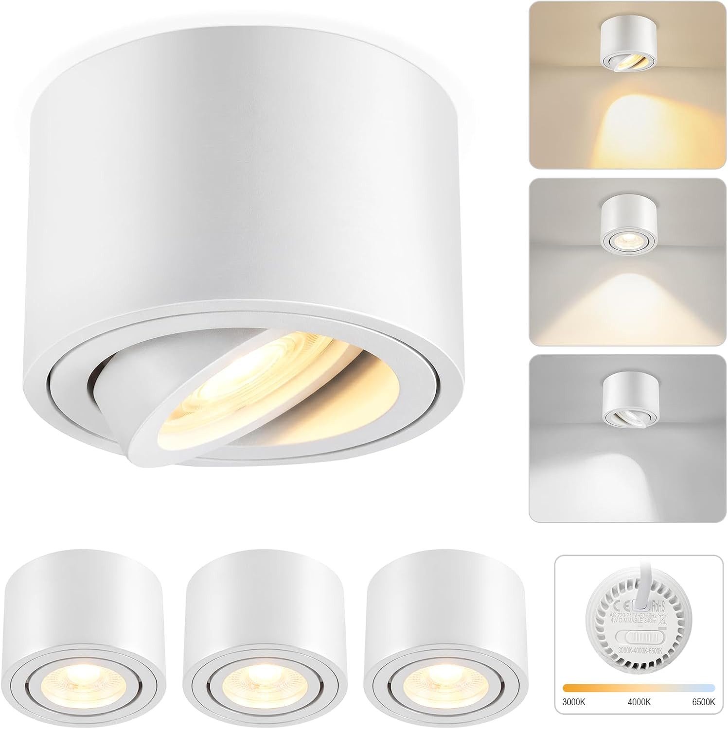 Nettlife LED Aufbaustrahler rund 4W dimmbar extra flach 30° schwenkbar 3CCT Aluminium 4 Stück, für Wohnzimmer Schlafzimmer Küche Flur Büro