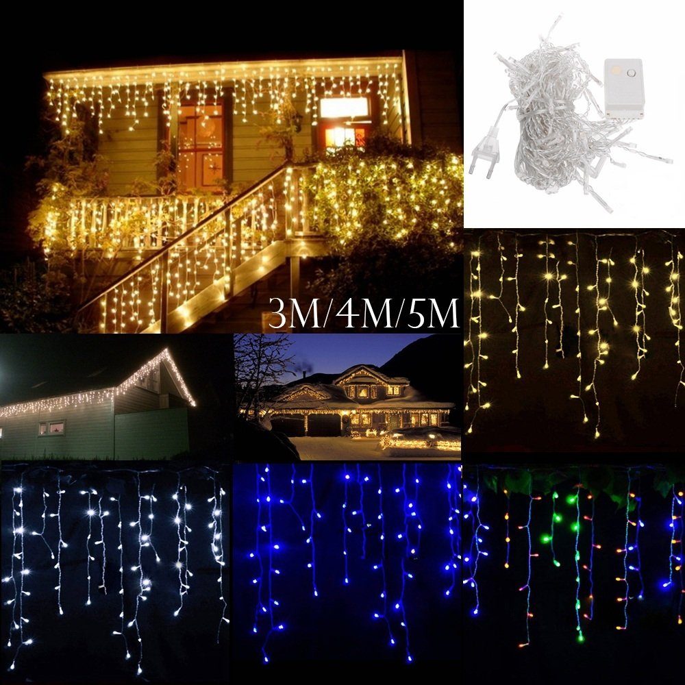 MUPOO 8 Modi LED Sterne,IP44, 3.5/5M, LED-Lichterkette Lichterkette Blau,Warmweiß,Mehrfarbig,Länge LED-Vorhang-Lichterkette 96/216LED Lichtervorhang
