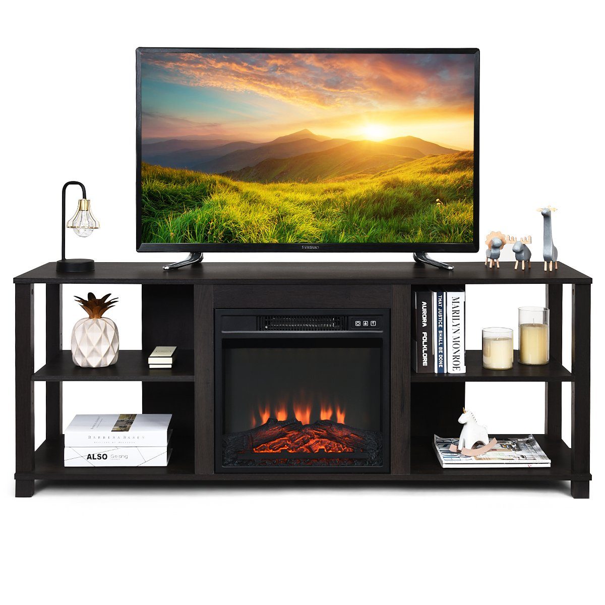 COSTWAY TV-Schrank mit verstellbarem Elektrokamin, 150x40x58 cm Regal, für