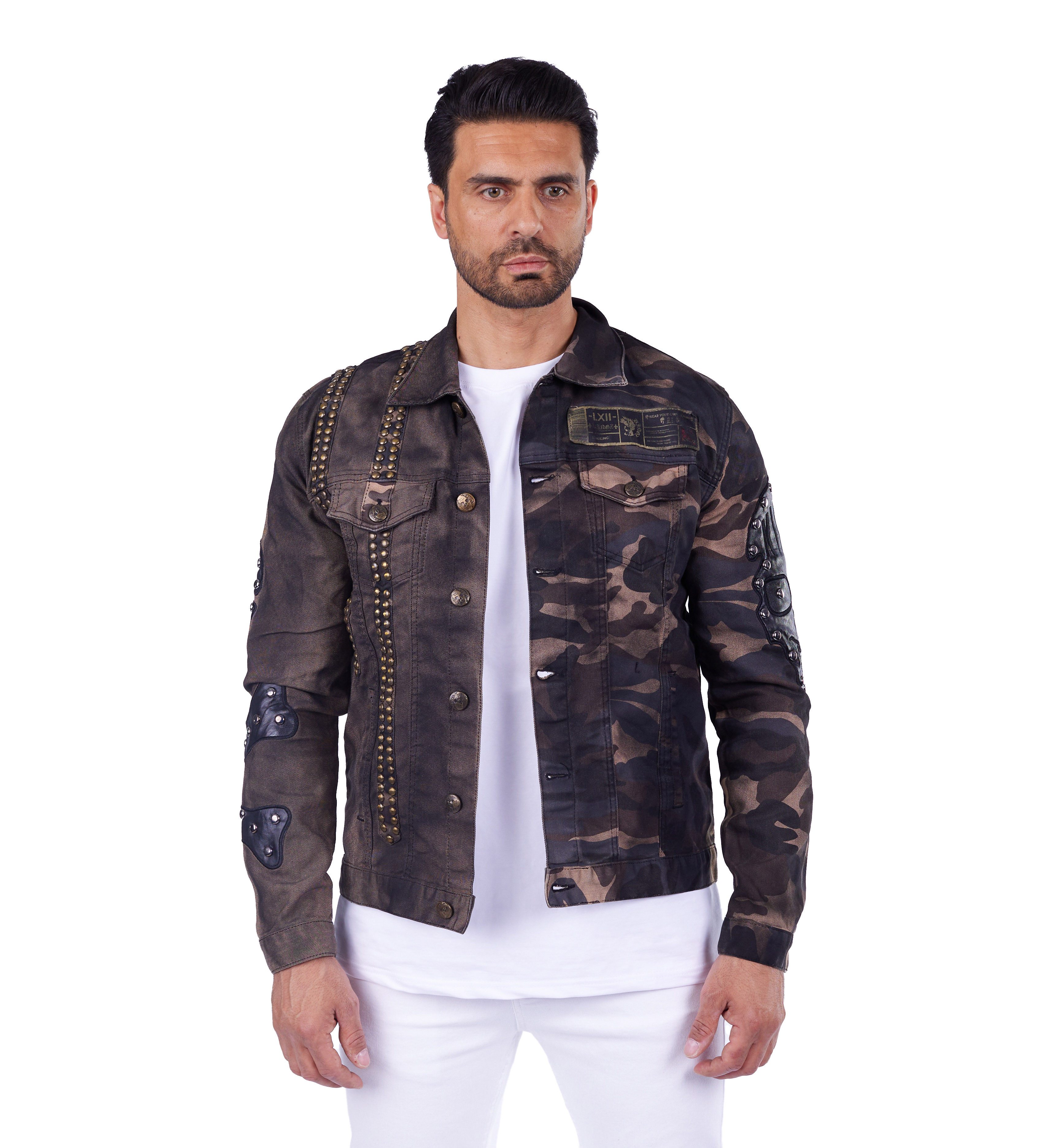 KINGZ Jeansjacke Designer Nieten Totenkopf Militaryjacke günstig online kaufen