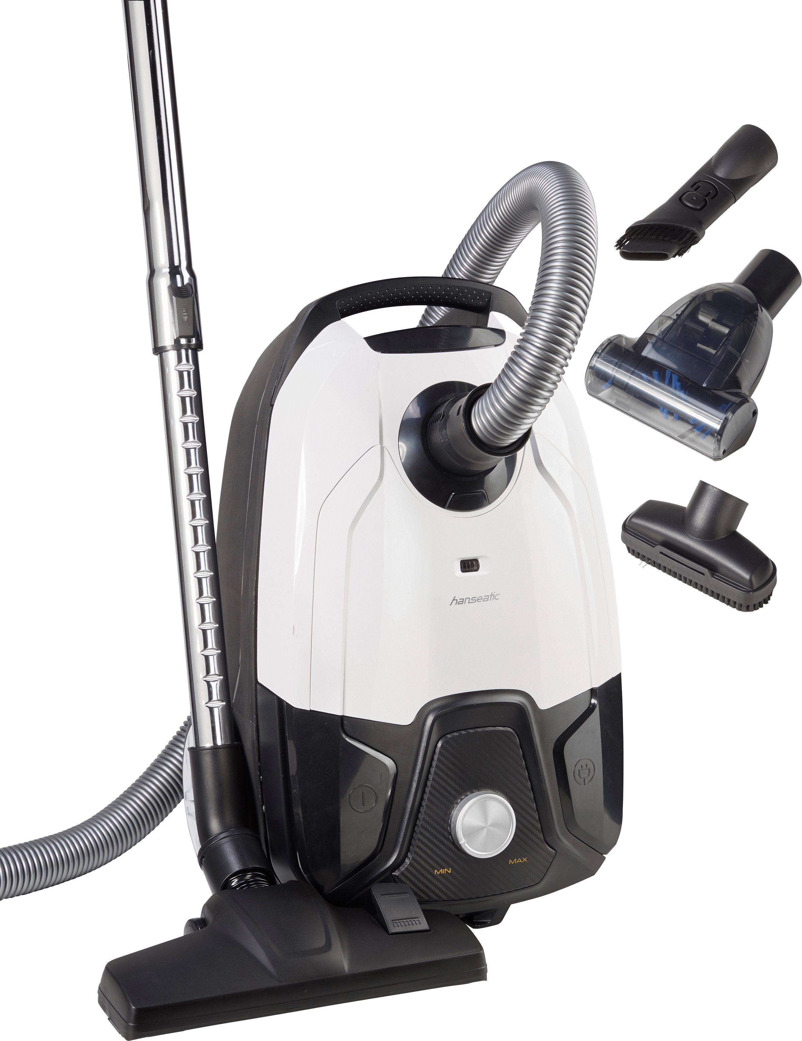 Hanseatic Bodenstaubsauger Carbon Optik, Platzsparend verstaubar, Unter 75dB, 800 W, mit Beutel, inkl. 3 Jahre Herstellergarantie