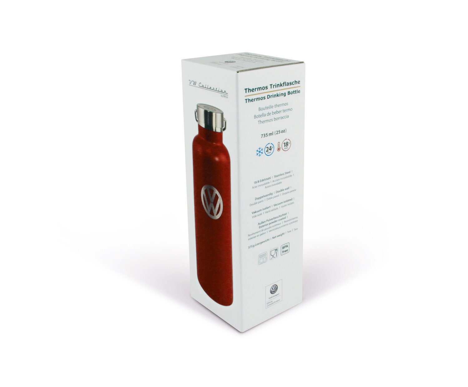 VW Collection by BRISA Thermoflasche Volkswagen Isolierter Edelstahl Thermo Becher, Stilvoller roter Travel Mug mit VW Logo, 735 ml