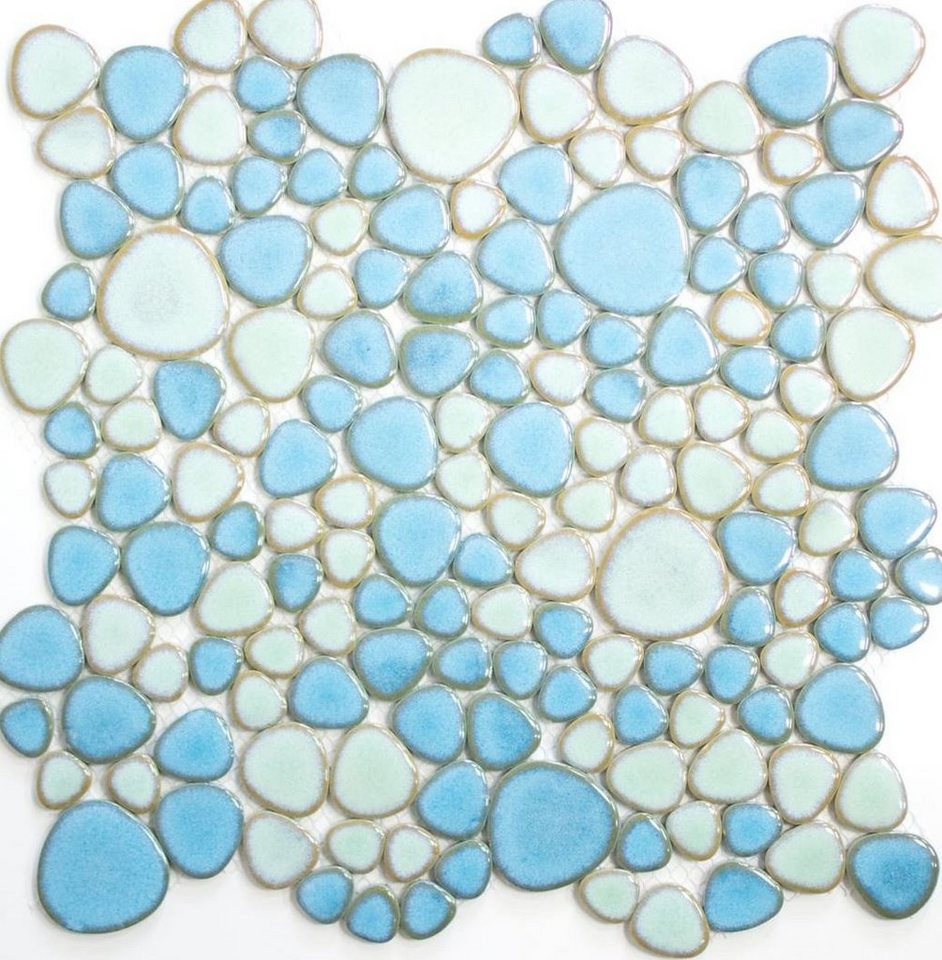Mosani Mosaikfliesen Kieselmosaik Pebbles Keramikdrops türkisgrün hellblau Dusche