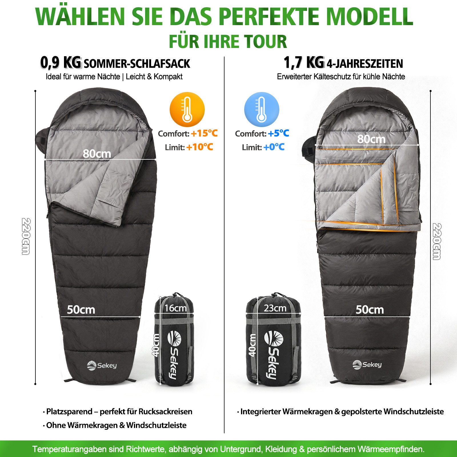Sekey Mumienschlafsack Mumienschlafsack 220 cm leicht oder warm für Camping und Reisen, Leicht oder warm wählbar – 900g / 1700g - ideal für Camping & Trekking