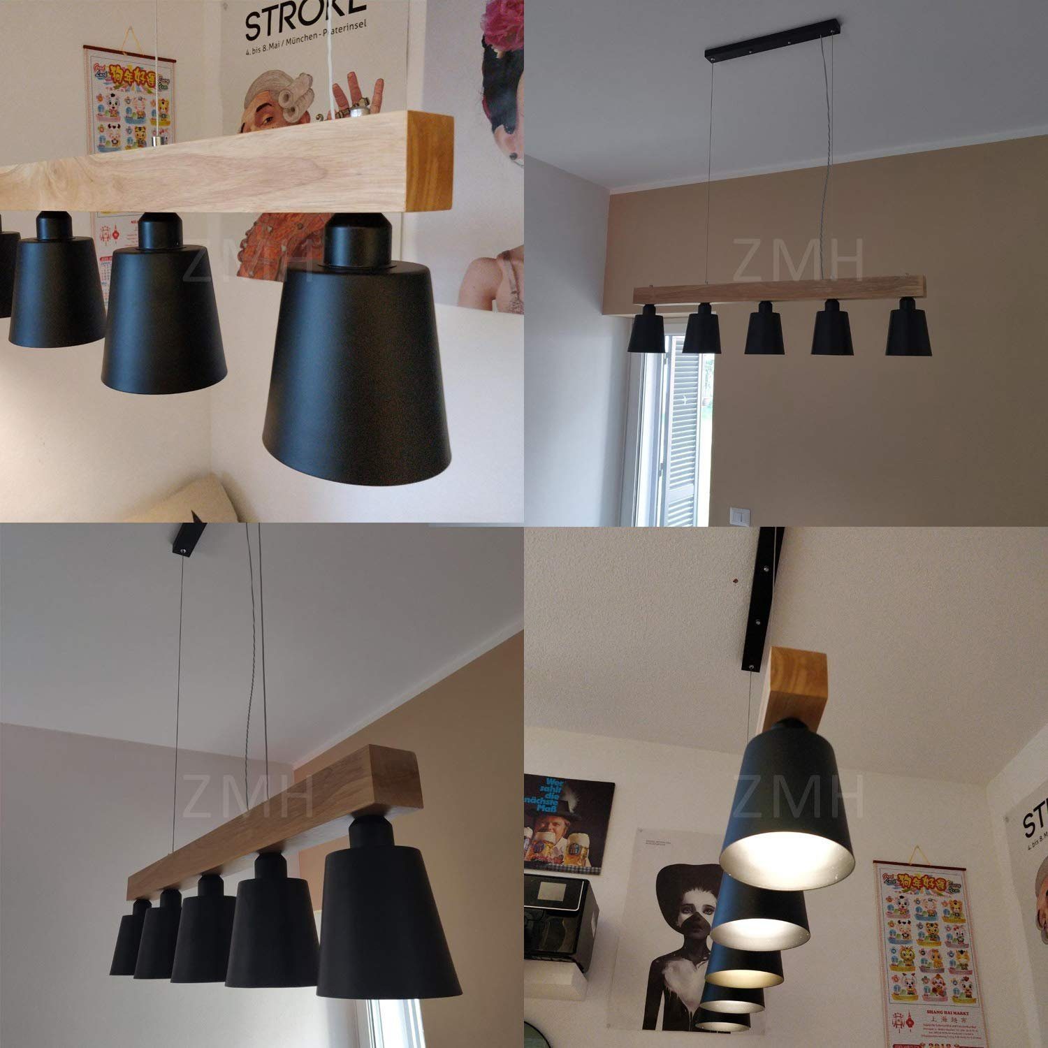 ZMH Pendelleuchte Esstisch Holz 3/ 5 Flammig Warmweiß Höhenverstellbar, LED wechselbar, 70x14x23CM