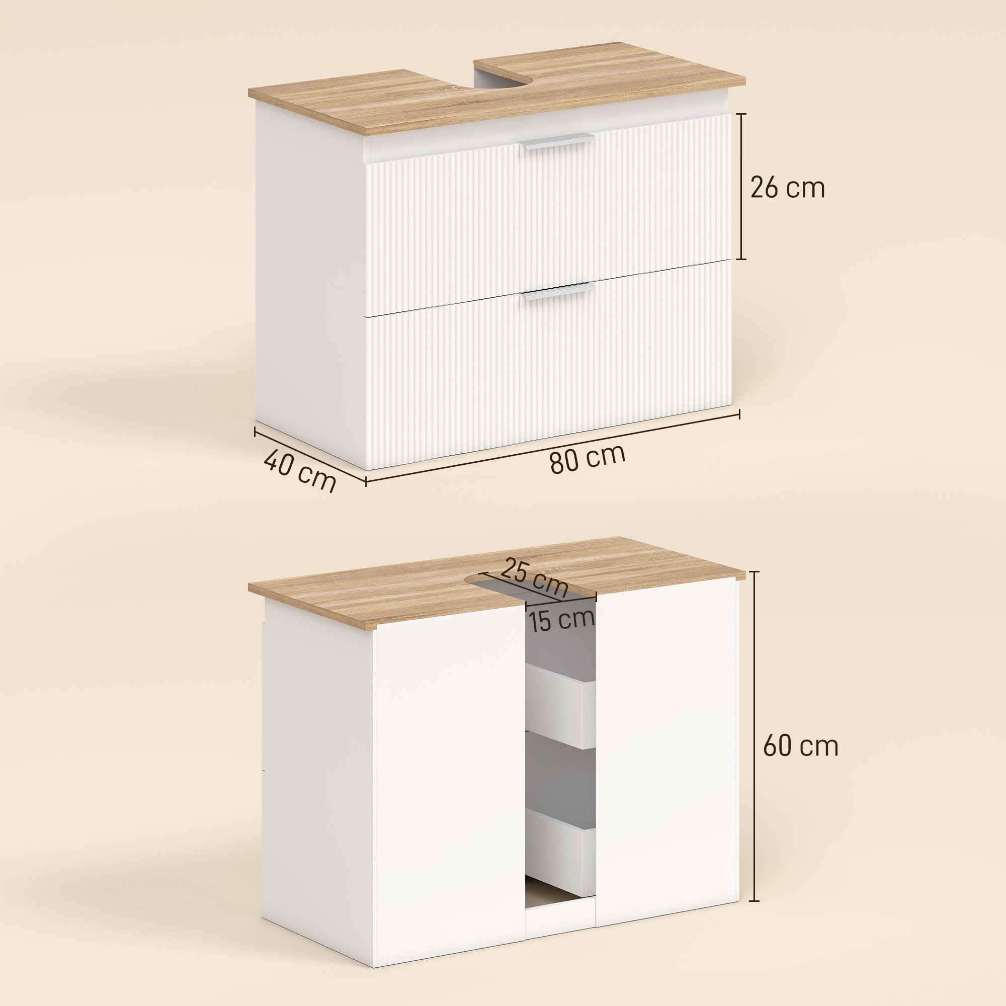 HOMCOM Waschbeckenunterschrank zwei große Schubladen (Badezimmer Unterschrank, 1-St., 1er Set) 80 cm breit
