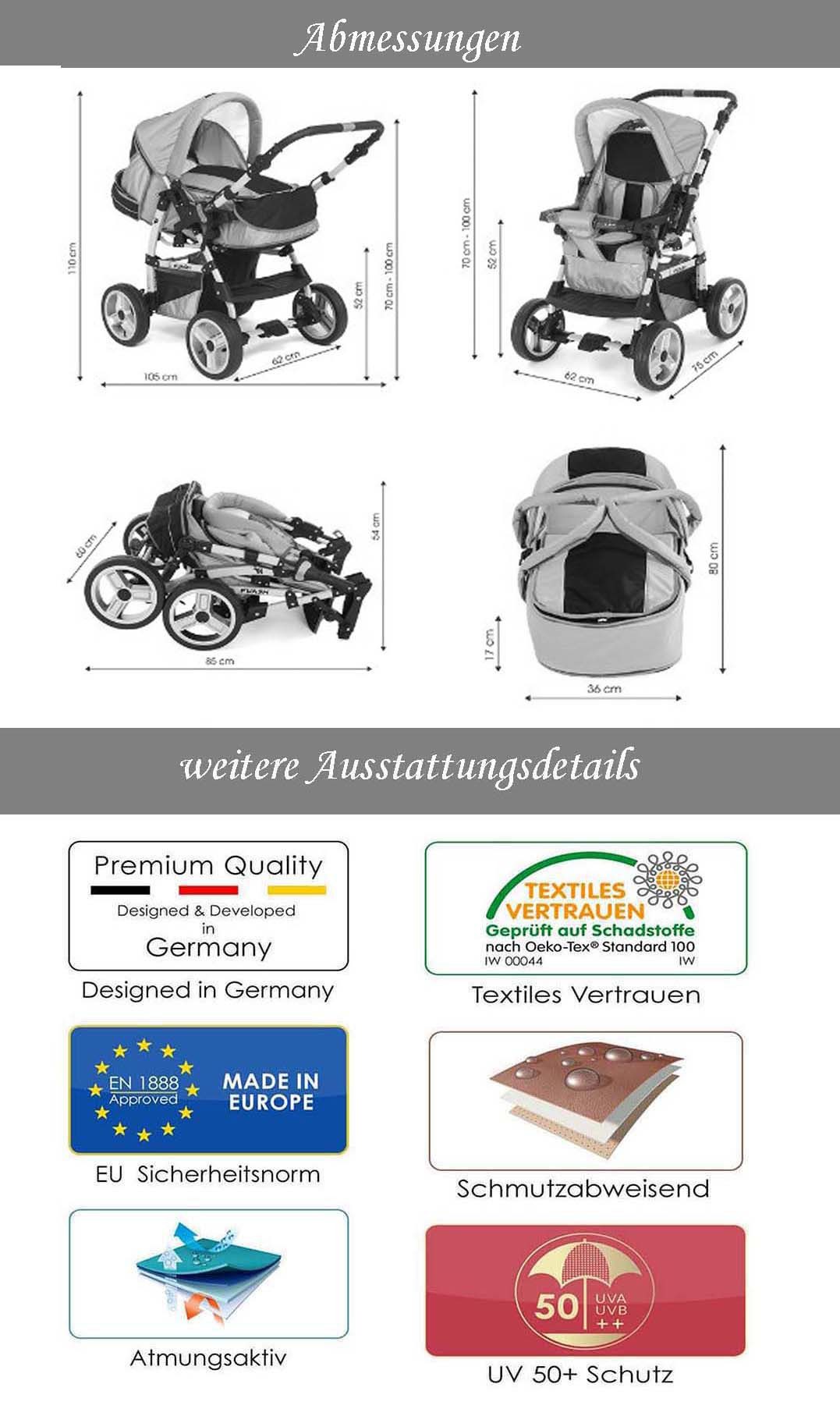 babies-on-wheels Kombi-Kinderwagen Flash 2 in 1 inkl. Sportsitz und umfangreichem Zubehör in 18 Farben